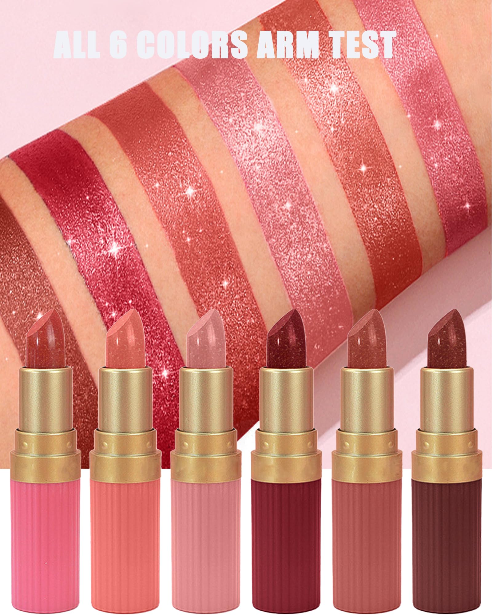 Set mit 6 Lippenstiften mit glänzendem Glitter in Nude, Rosa, Braun, Dunkelrosa und Rot. Glänzender Metallic-Lipgloss, wasserfest und langanhaltend. Ein perfektes Geschenk für Lu