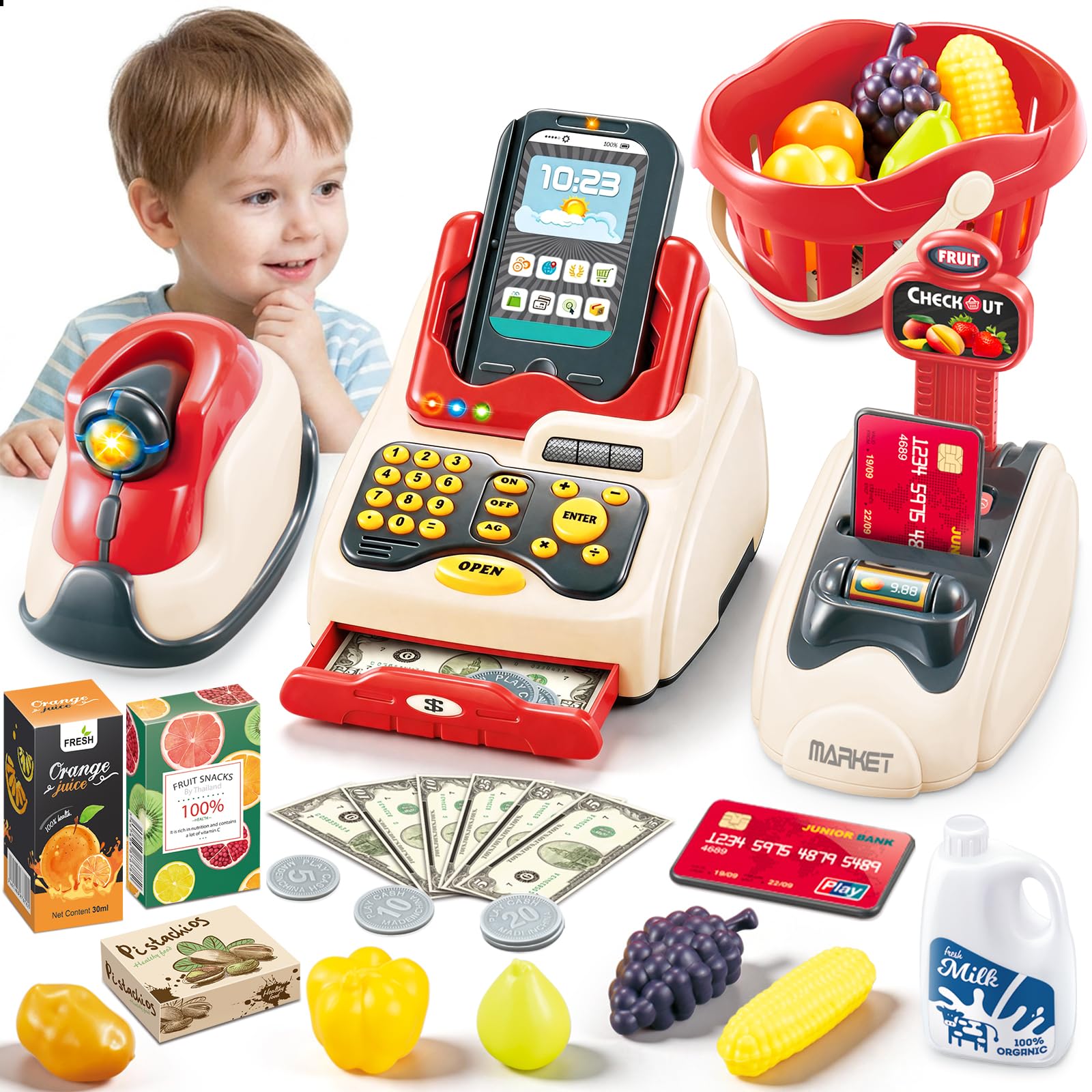 deAO Elektroniczna kasa fiskalna do zabawy w supermarket dla dzieci - kasa sklepowa, skaner, karta płatnicza, zabawkowe jedzenie, banknoty oraz koszyk na zakupy