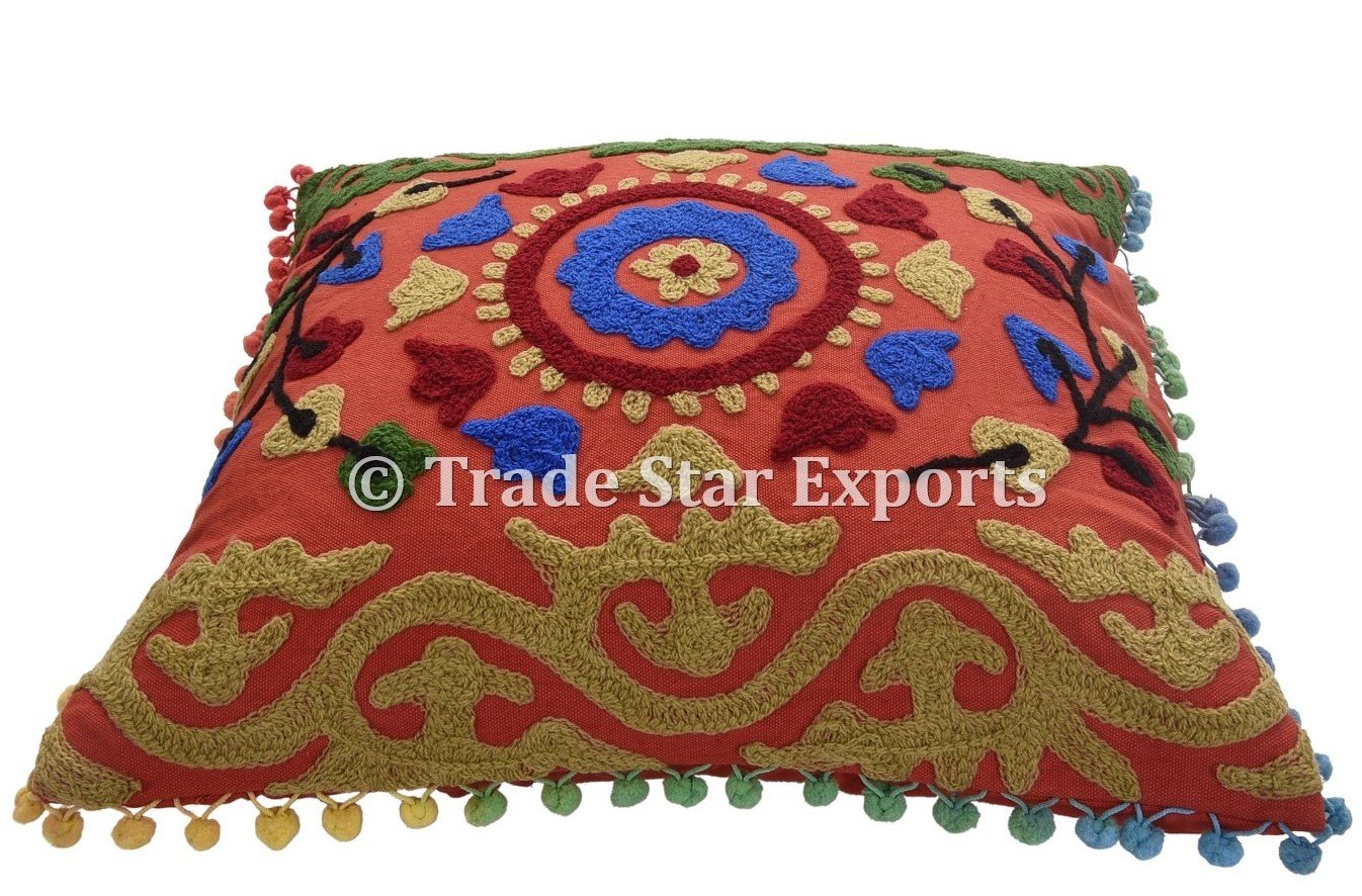 Marusthali Suzani - Federa per cuscino in cotone con pon, 40,6 cm x 16, cuscini decorativi indiani, federe per cuscini in cotone, dimensioni 40,6 cm, set da 5 pezzi