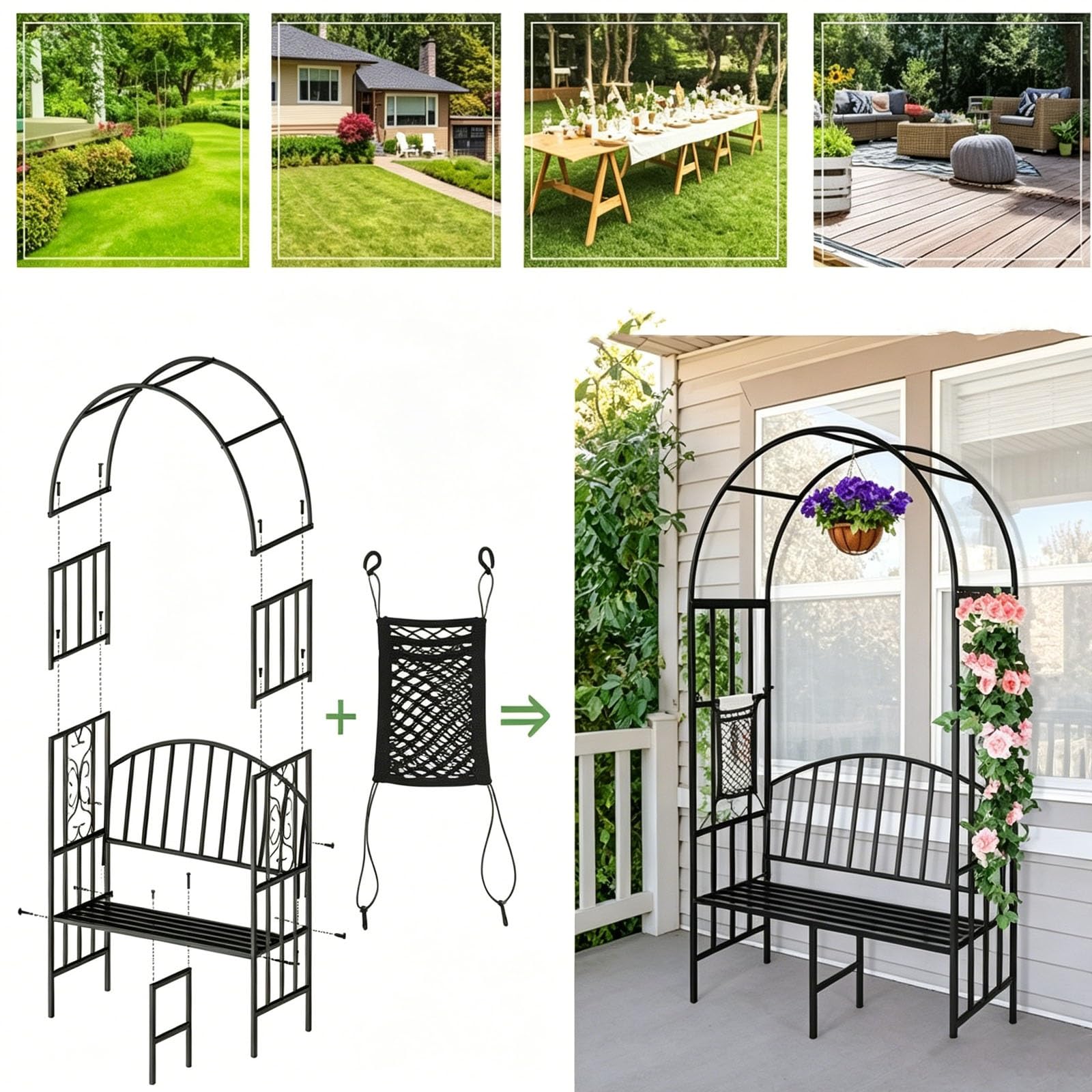 Metalowa Ławka Z Łukiem Ogrodowym I Kratką Na Pnącza – Pergola, Element Dekoracyjny Np Na Śluby I Przyjęcia