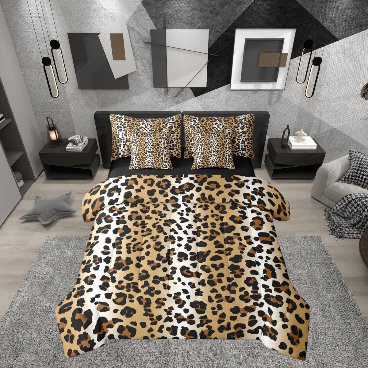 Erosebridal Ombre Black Grey Leopard Print Comforter Set Queen Size 7 Pieces | Cheetah Fur Bed in A Bag Animal Skin Pattern Bed Set Women Men Adults Bedding