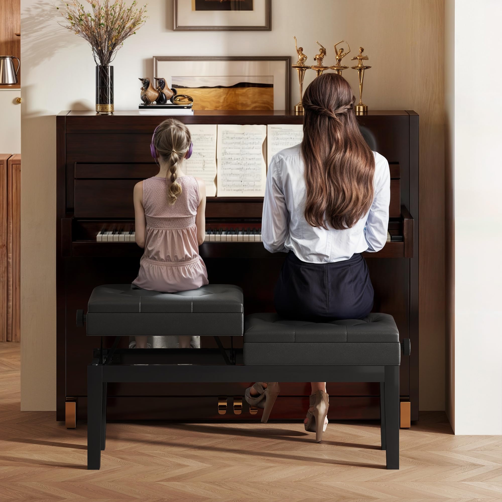 HOMCOM Banc de Piano réglable en Hauteur, Tabouret de Piano avec Rangement, Banquette pour Clavier capitonné, Pieds en Bois d'hévéa, Noir
