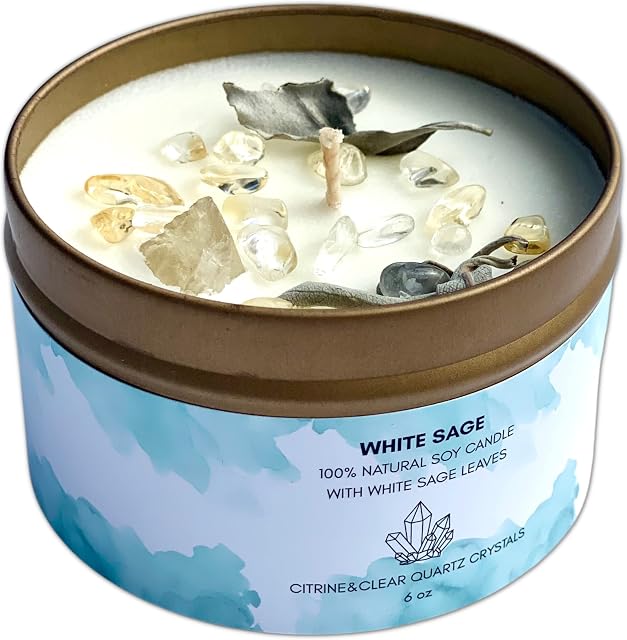 White Sage Smudge Candle with Citrine Crystals 100% Natural Soy Essential Oils (Sage)
