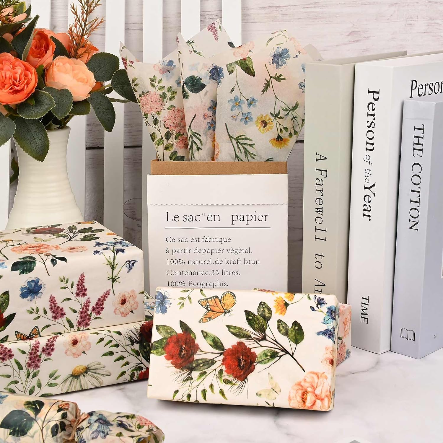Bolsome 100 Sheets 20 * 14 Inches Vintage Floral Tissue Paper Butterfly Wildflowers Printed Gift Wrapping Tissue Retro Flower Decorative Tissue for Mother's Day Wedding Bridal Shower DIY Craft