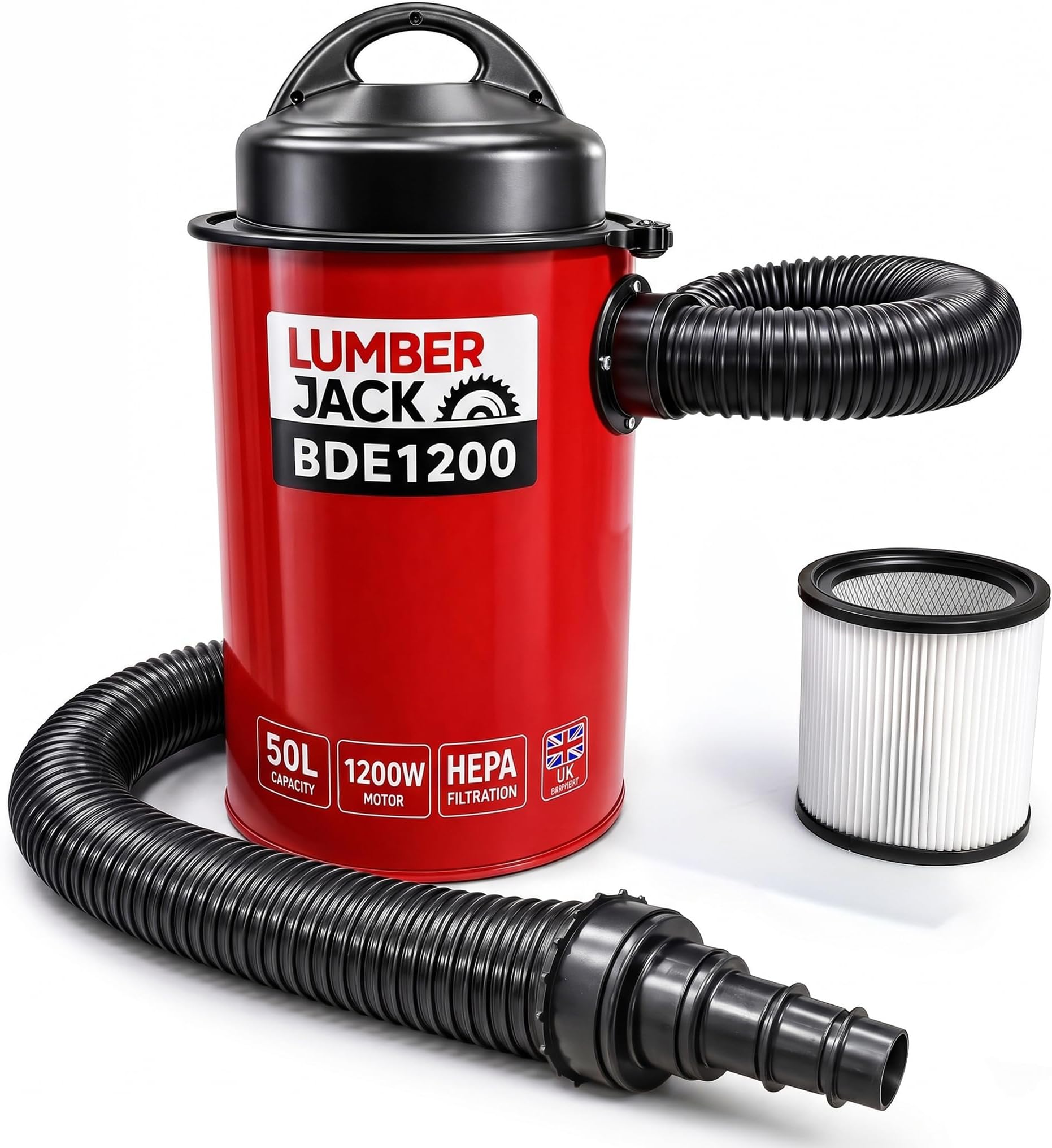 Lumberjack Dust Extractor Workshop Vacuum, 50L 1200W Motor 240V, 2 Meter Hose for Woodworking, Workshop Extractors, Dust Extraction, Includes 5 Piece Reducer Set