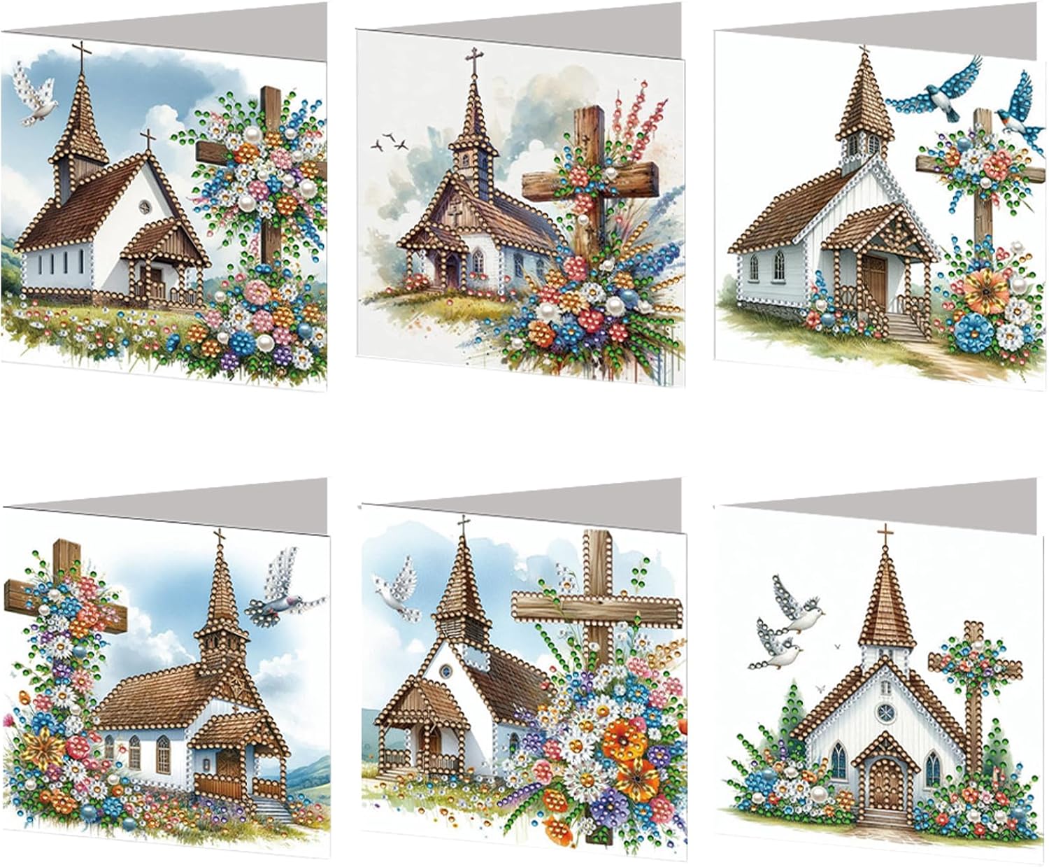 6Pcs Cross Church Pattern DIY Diamond Painting Greeting Card Set with