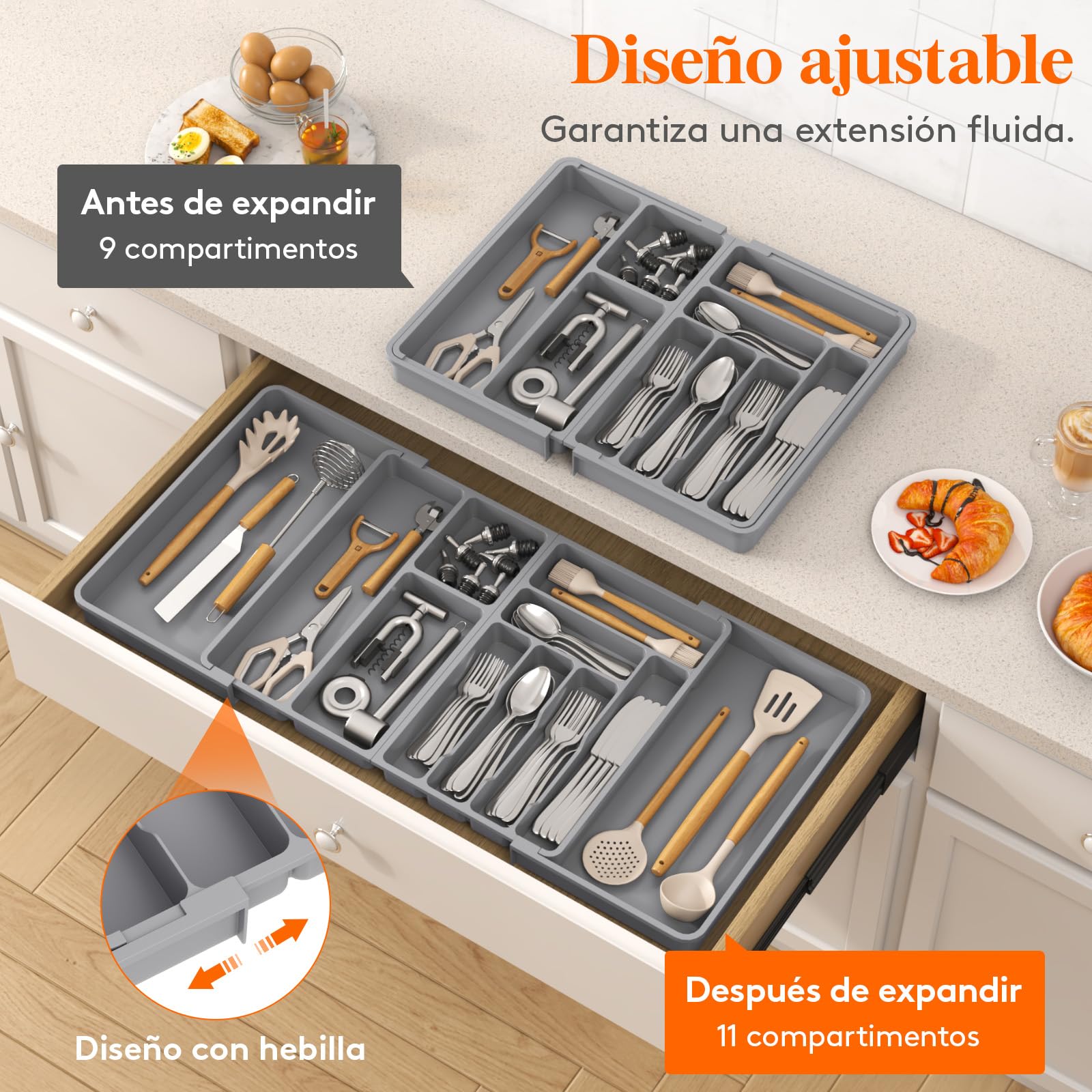 Lifewit Grande Organizador Cubiertos para Cajon, Plástico Bandeja Utensilios de Armario Cocina, Extensible de 54.1cm a 91.4cm, Separador de Cuchara Tenedor Cuchillo Pala Herramientas Pequeñas, Blanco