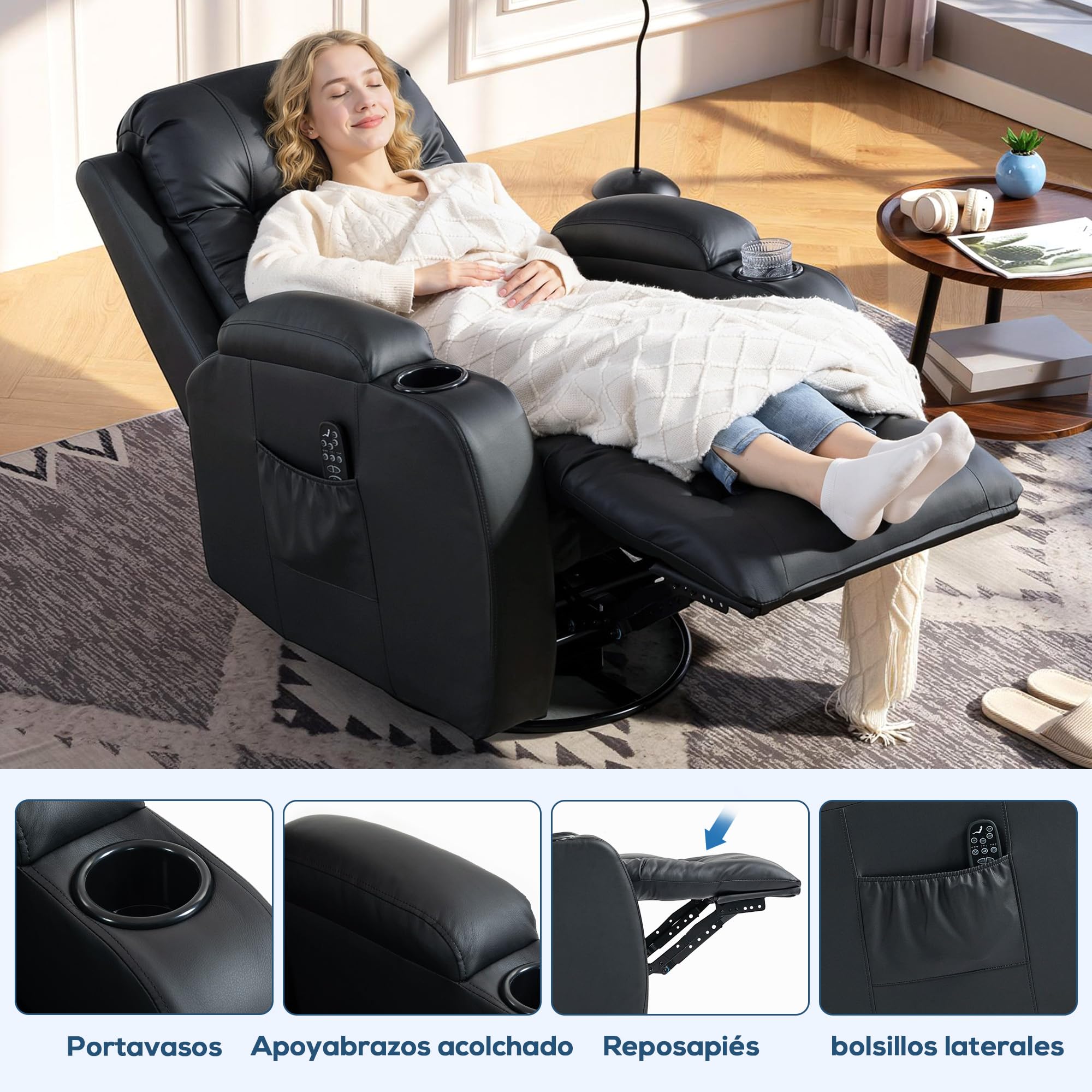 HOMCOM Sillón de Masaje Giratorio con 8 Puntos de Masaje Vibrante Sillón Relax Reclinable con Función de Calefacción Lumbar Mando a Distancia Butaca Reclinable para Salón 85x94x104 cm Negro