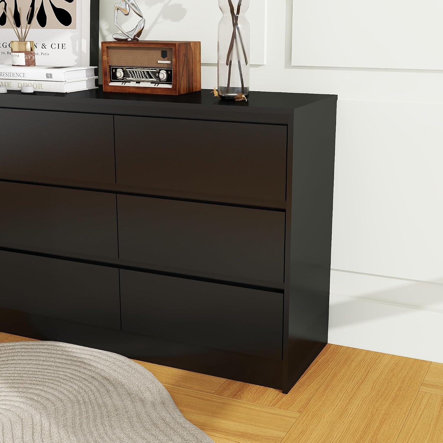 Panana Modern 9 Drawer Wood Dresser for Bedroom, Large Floor Storage Drawer Cabinet Lateral Chest of Drawers Handle Free Organizer for Closet Living Room (Black, 9 Drawer)