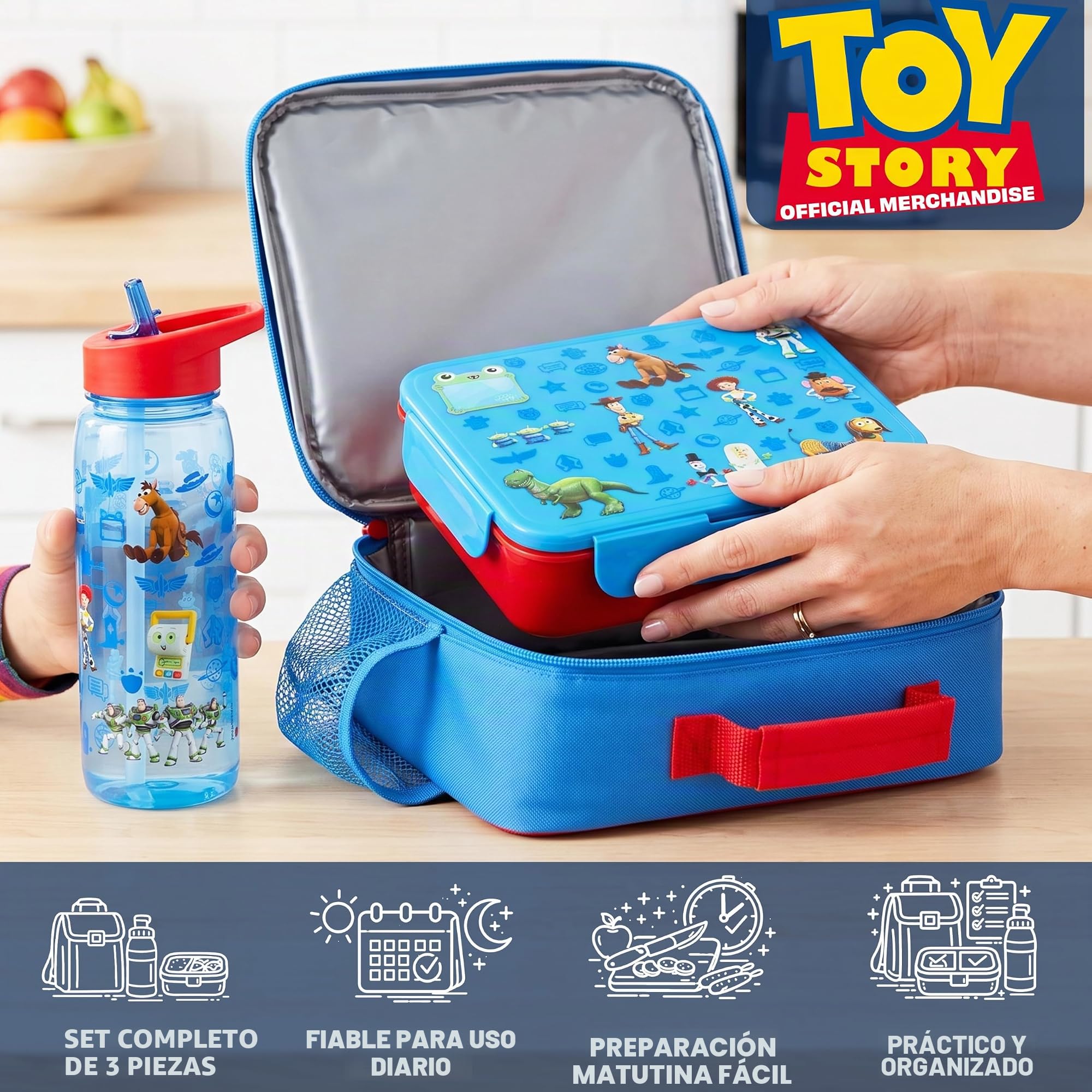 Get Trend Toy Story Bolsa de Almuerzo Niños Set 3 Piezas, Bolsa Isotermica 5 L, Botella 640 ml y Snack Box 2 L Compartimentos, Sin BPA, Ligero y Resistente para Escuela (Multi Toy Story)