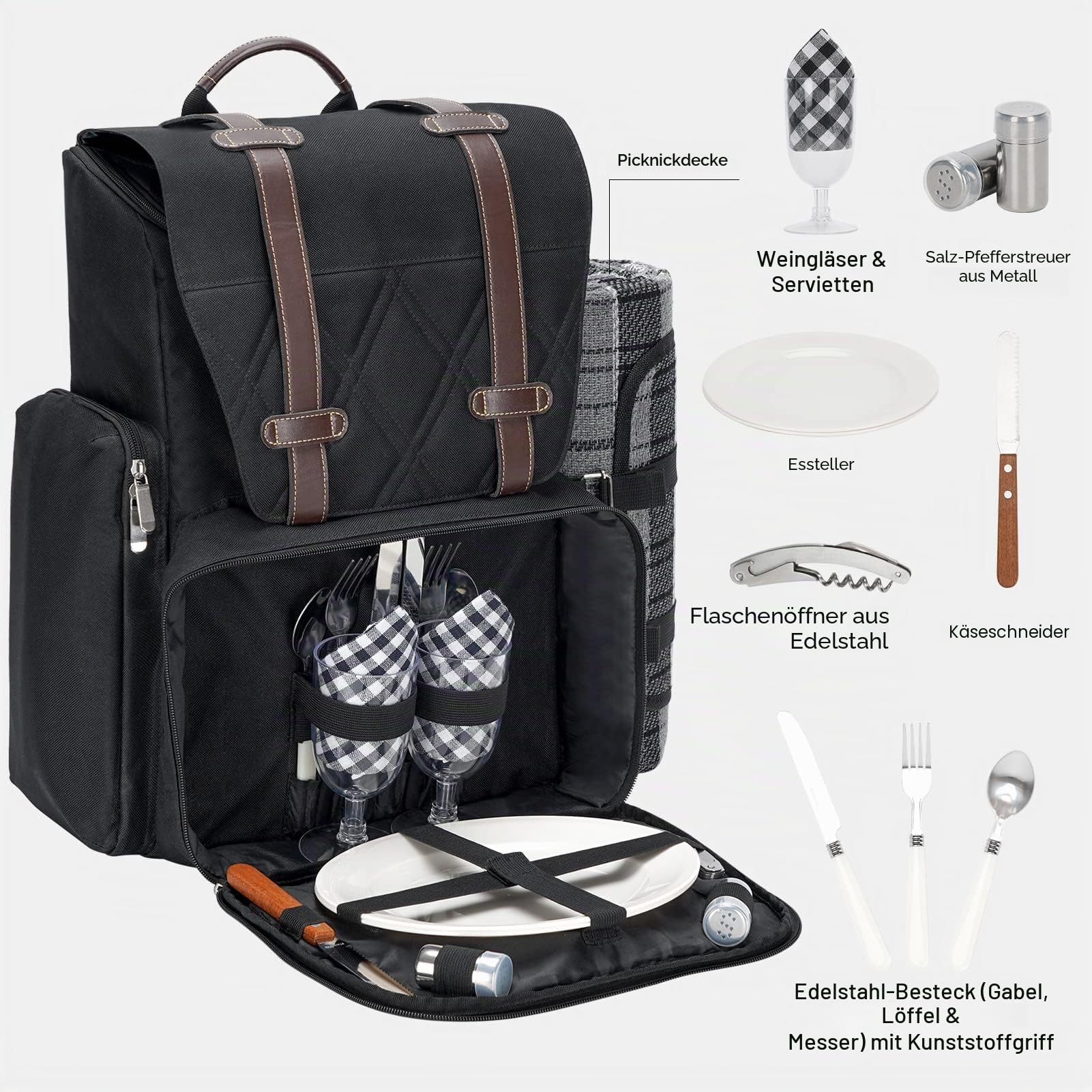 Picknick-Rucksack für 2 Personen mit großer isolierter Kühltasche, Picknickkorb-Set mit Weinbeutel, Party, Hochzeitsgeschenk für Paare. 2P-Schwarz