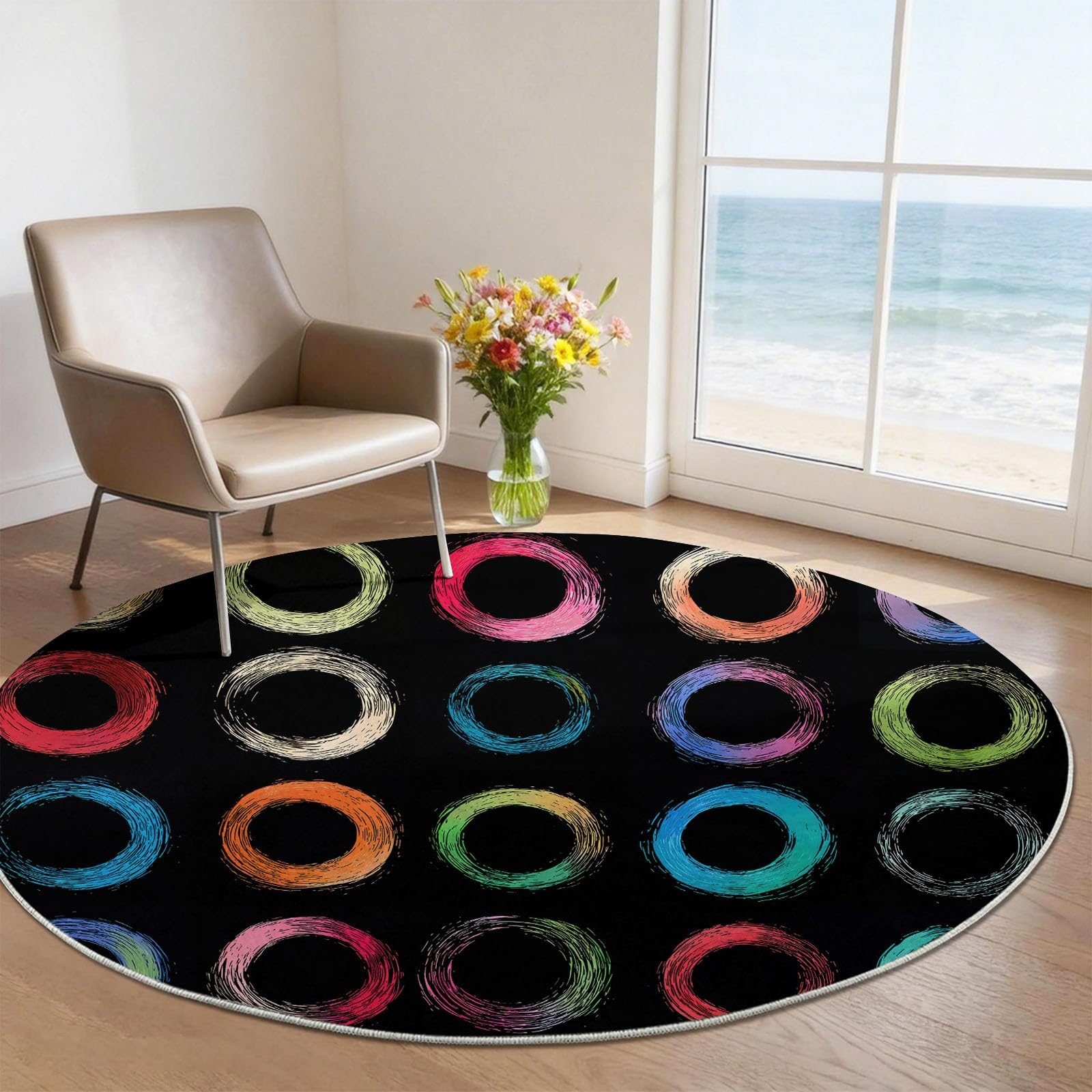 Lavable Tapis 150 cm Rond Intérieur Abstrait Cercle pour Salon, Chambre ou Couloir - Doux et Antidérapant - Moderne Minimaliste Chic Facile à Nettoyer Poil Ras Tapis pour Salle de séjour, Noir