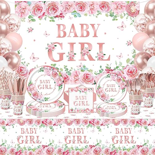 Miniatura 1 de 227 piezas de decoraciones de baby shower para niñas, suministros de fiesta de revelación de género, juego de vajilla, platos, servilletas, telón de