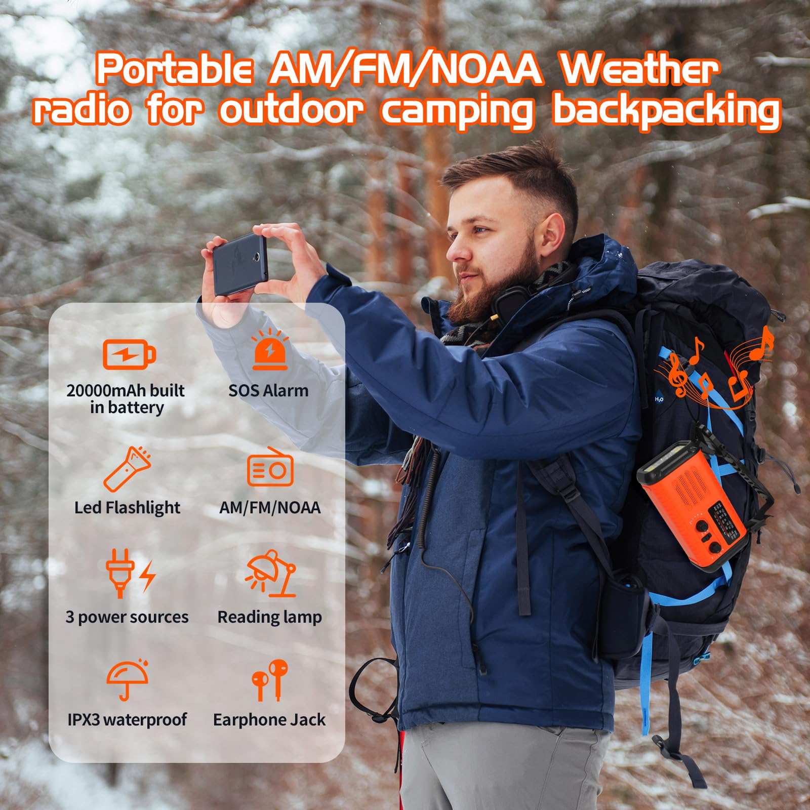 Radio météo d'urgence, radio solaire 20 000 mAh, radio à manivelle avec AM/FM/NOAA, radios portables avec lampe de poche et lampe de lecture, prise casque, alarme SOS, chargeur de téléphone pour les