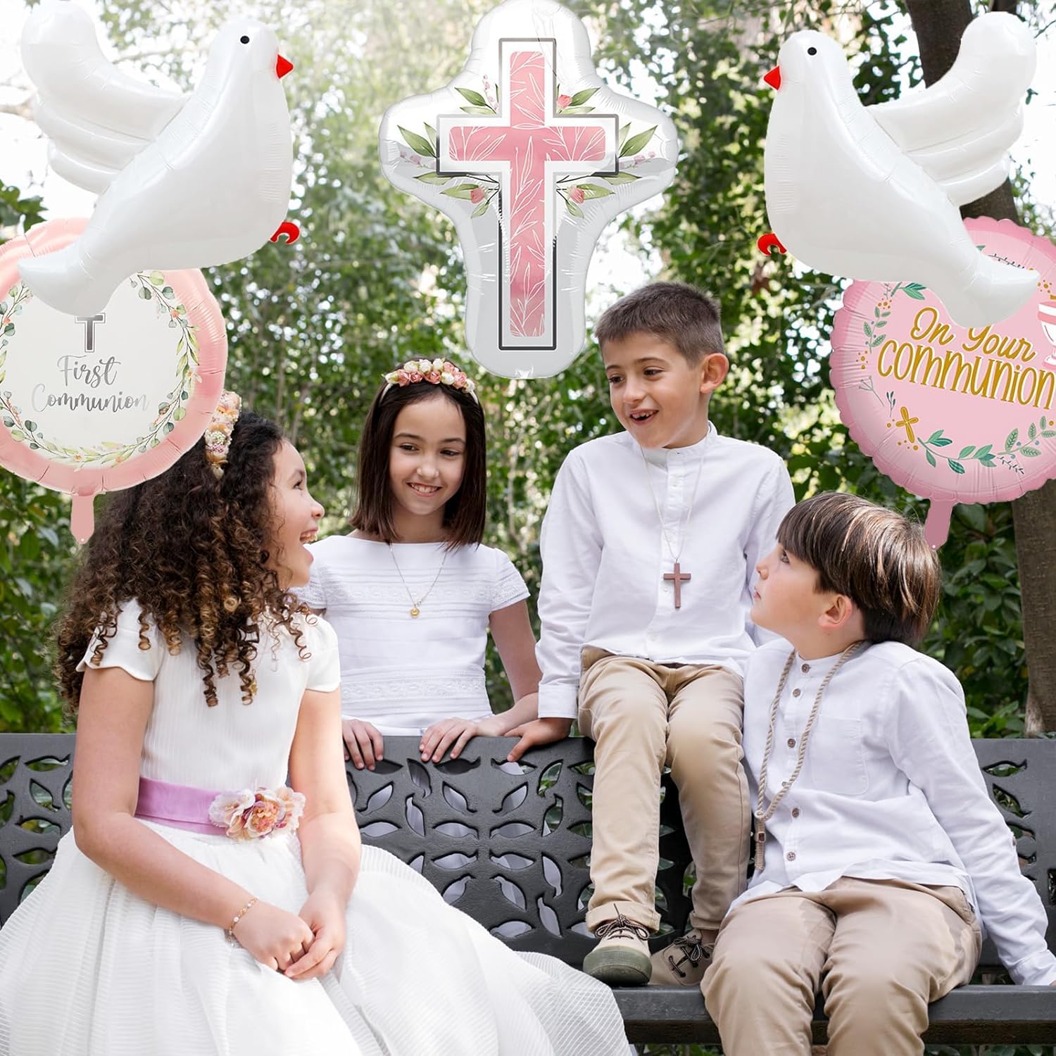 Kommunion Luftballons Set – 8 Stück Mit Kreuz, Tauben & Schriftzug, Aus Alufolie, Für Taufe & Erstkommunion
