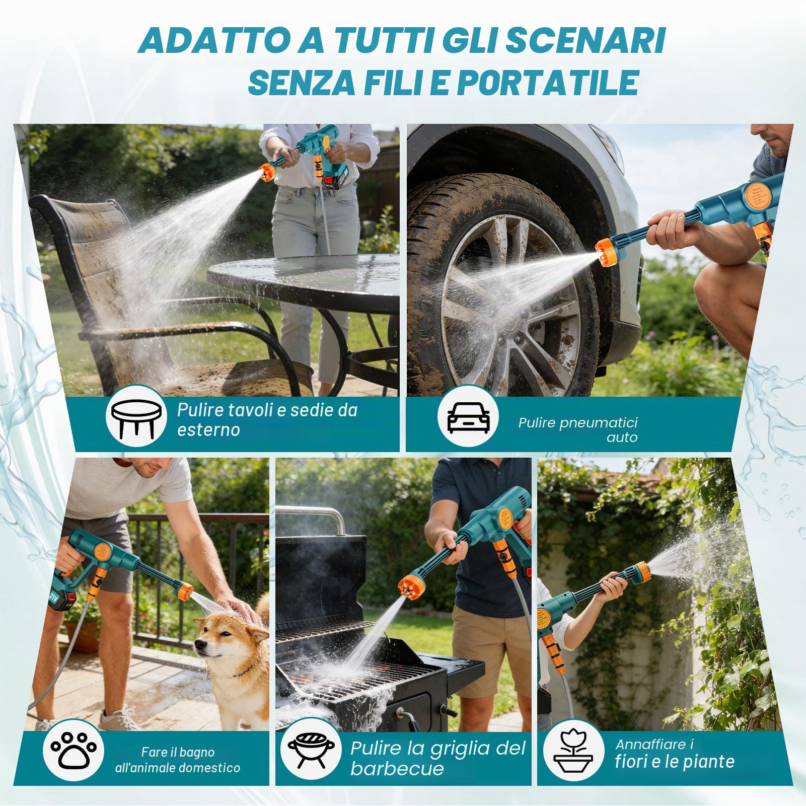 Idropulitrice Portatile a Batteria con Collegamento a Rubinetto Diretto,Idropulitrice Elettrica Portatile Senza Fili con 2×3.0Ah Batteria, Ugello 6 in 1,per Auto, Giardino,Terrazza,Prato e Irrigazione