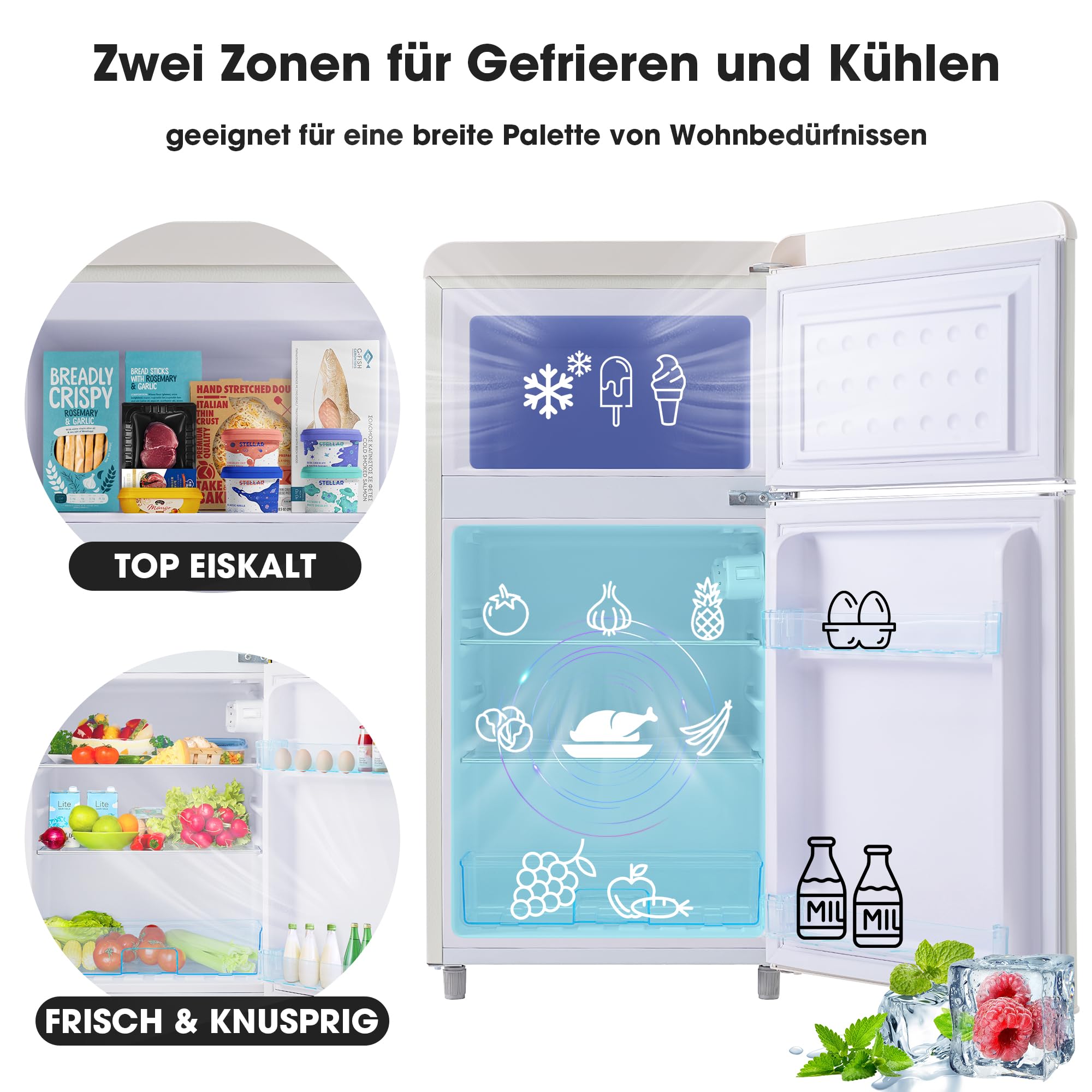 Generisch Lodówka retro podwójne drzwi górne/poniżej 72 l, oświetlenie LED, klasa energetyczna E 120 kWh/rok, różne kolory do zabudowy, przyjazna kuchnia, kompaktowa, 46 x 45 x 91 cm