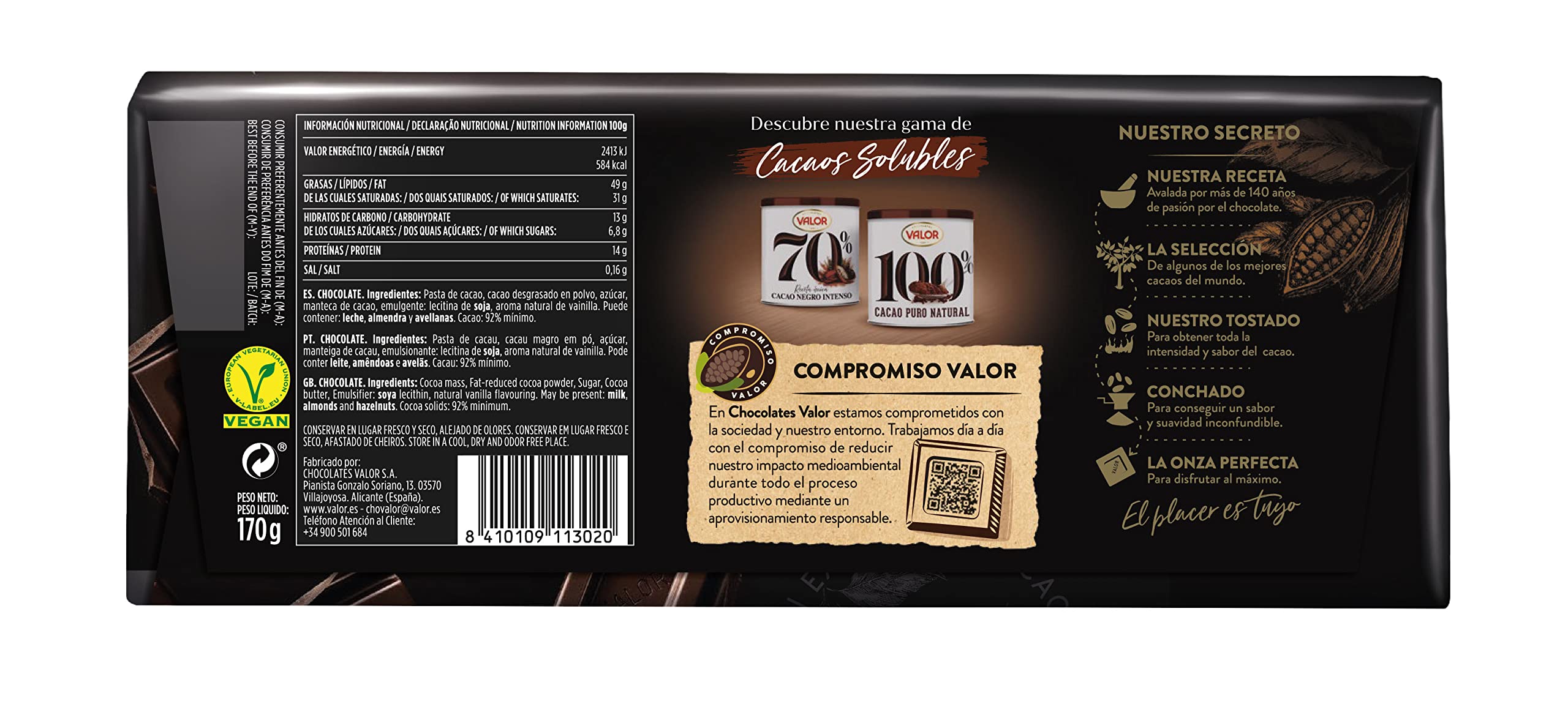Valor - Chocolate Negro 92% - Tableta de Chocolate Negro con Mayor Porcentaje de Cacao - Intenso Sabor y Aroma - Sin Gluten y Apto para Celiacos - Pack 18 x 170 Gramos