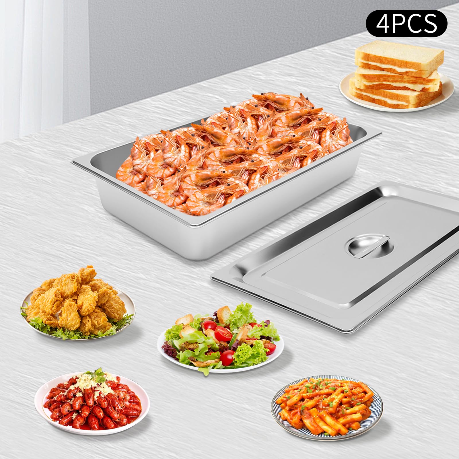 4 bandejas de buffet para calentar alimentos, catering cafeteria, recipientes térmicos de acero inoxidable con tapa para catering, bufés y fiestas