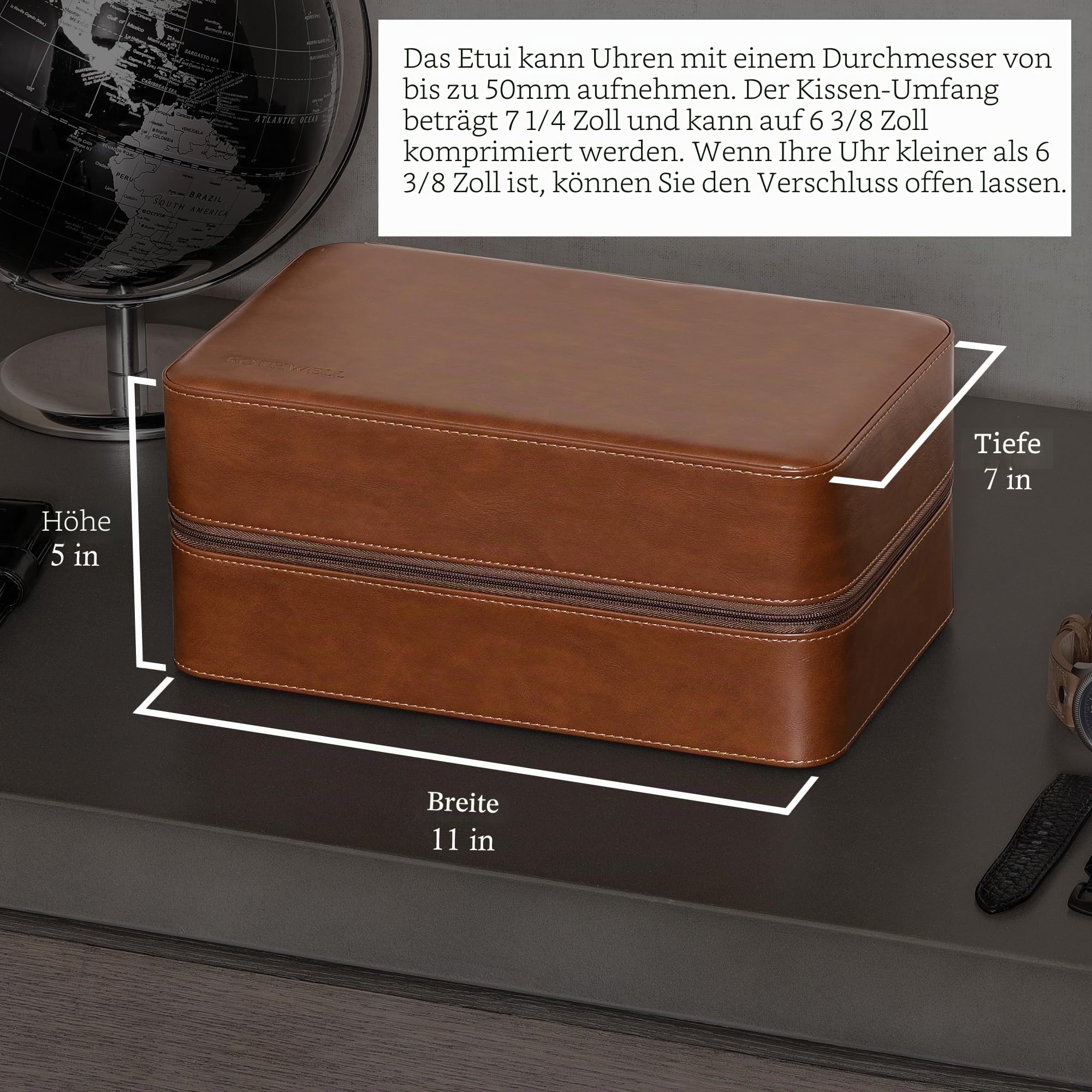 ROTHWELL Reiseetui für 8 Uhren, Sonnenbrillen, Ringe und Manschettenknöpfe, robuster tragbarer Schutz mit Reißverschluss, passend für die meisten Armbanduhren und Smartwatches bis 50 mm,