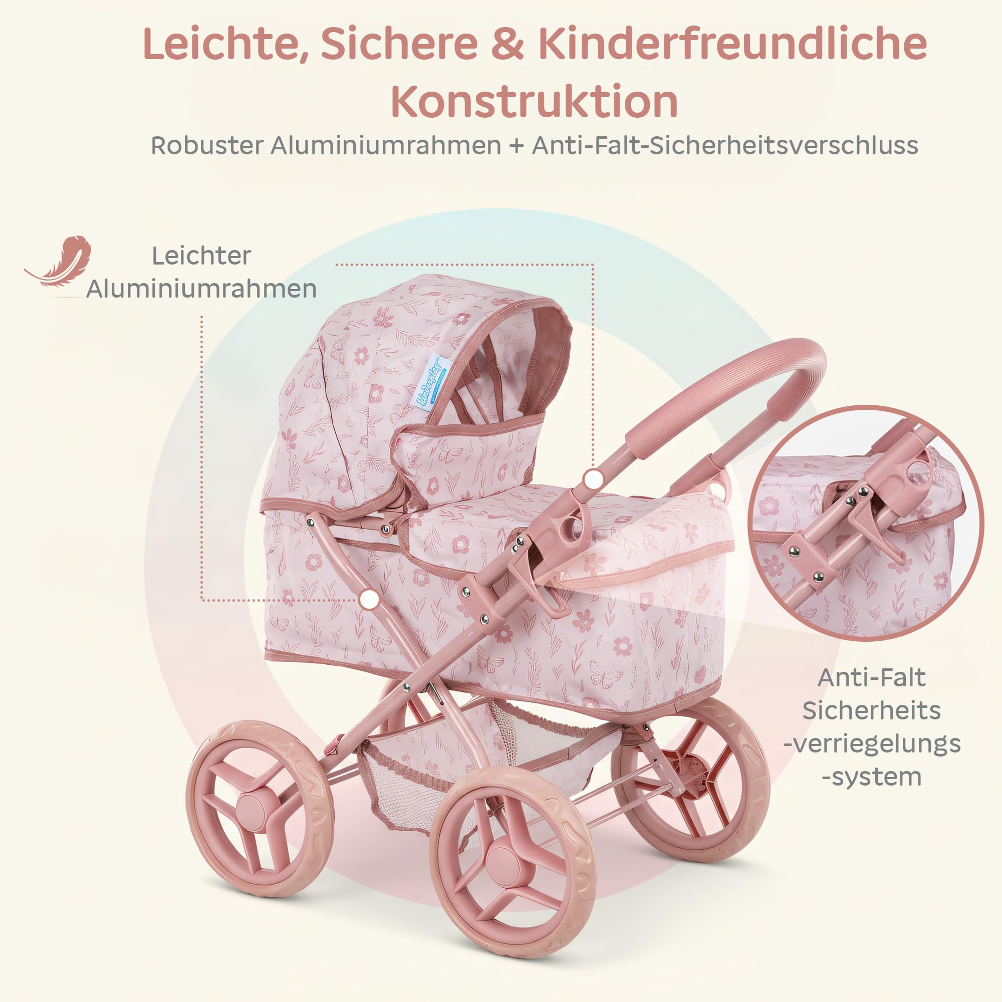 Kinderplay wózek dla lalek od 3 lat – Głęboka gondola z torbą i koszem – Lekka konstrukcja z cichymi piankowymi kołami – Wózek-zabawka dla lalek do 30 cm
