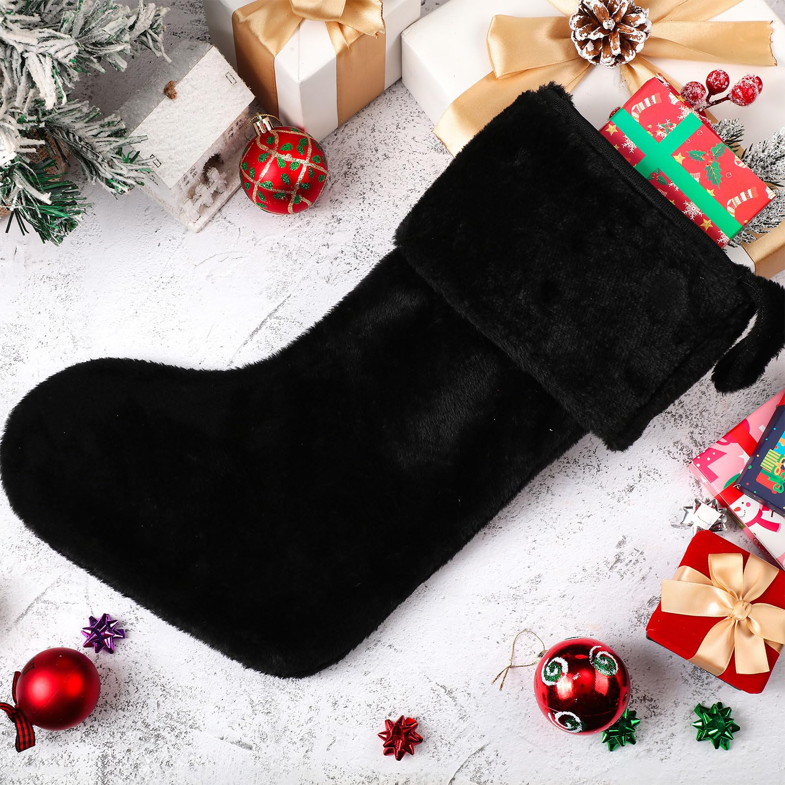 12 Stück schwarze Weihnachtsstrümpfe, 45,7 cm, große Weihnachtsstrümpfe, dicker Plüschstoff, hängende Strümpfe, schwarze Weihnachtsdekorationen für Weihnachten, Urlaub, Familie, Party, Baum,