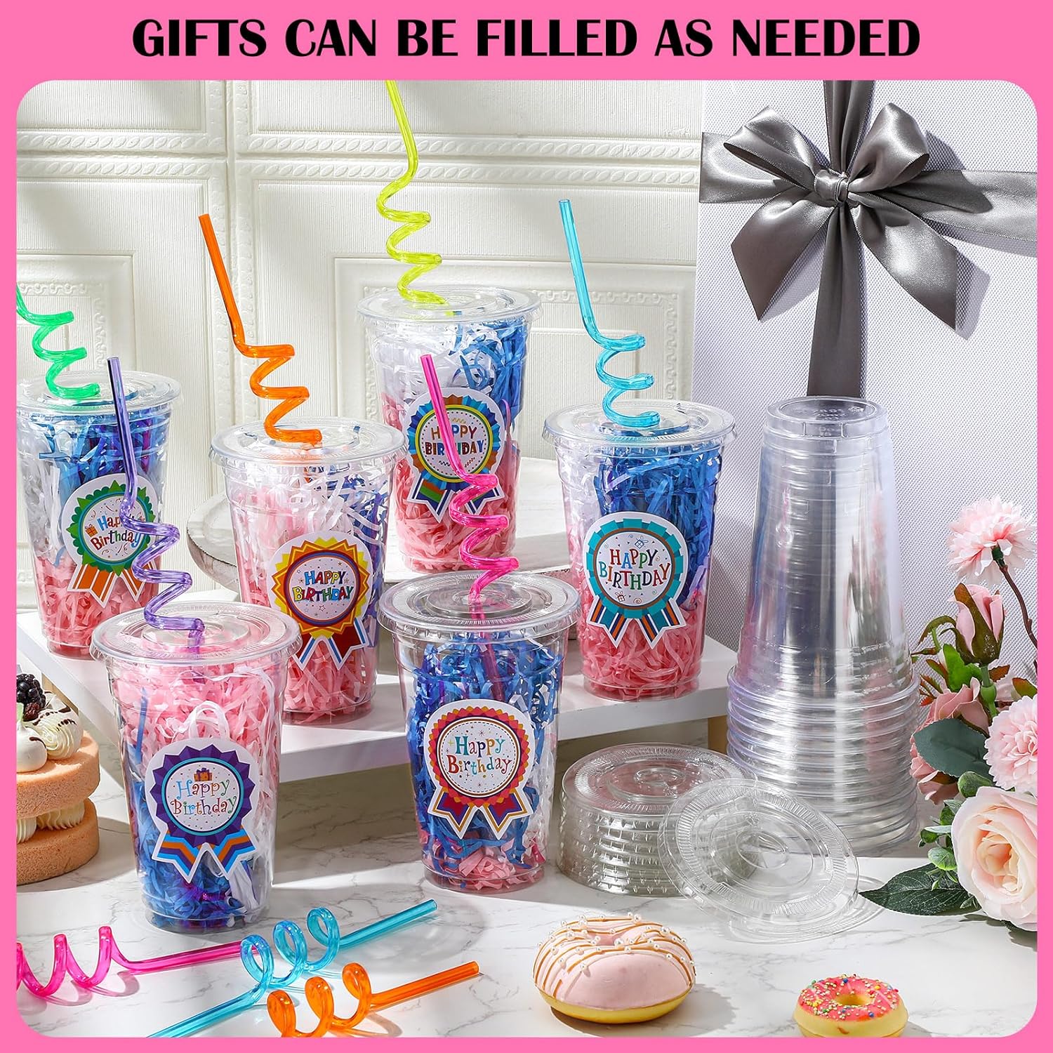 Qinyoung 24 Set Creative Happy Birthday Gifts from Teacher Students Birthday Cups with Lid Colorful Straws Sticker and Raffia Plastic Cups for Reward Kids Prize Classroom Party Supplies(Classic)