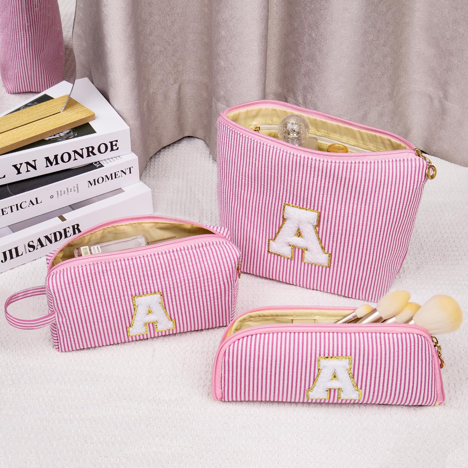 Initials Makeup Bag Set, Personalized Pink Cosmetic Bag, Cute Large Make up Bags, Travel Toiletry Bag for Women Girl Gifts M (Pink) - Image 4