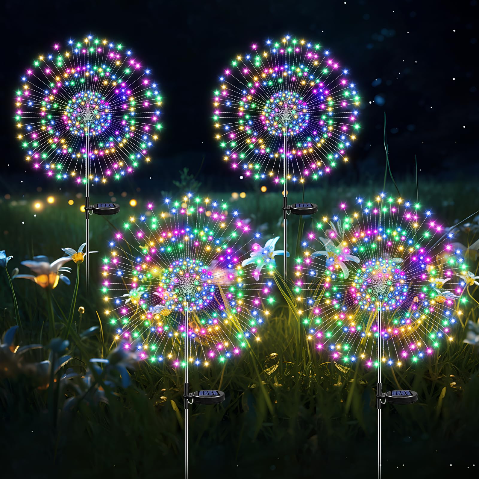 HELESIN Solar Starburst Lights, 105 LED Powered 35 Copper Wires String Landscape Light-DIY Flowers Fireworks Decoration for Outdoor Garden Home Walkway Patio Lawn Backyard (Rainbow Colorful, 4Pack) - 1