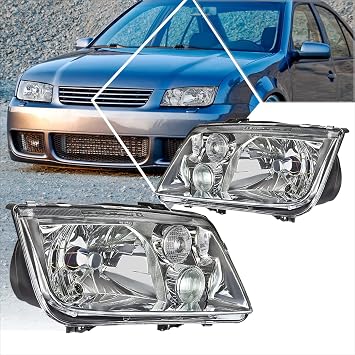 PM PERFORMOTOR 2Pcs Euro-Spec E-Code Style Headlights Assembly w/Fog Light Compatible with VW Jetta MK4 99-05,Chrome Housing