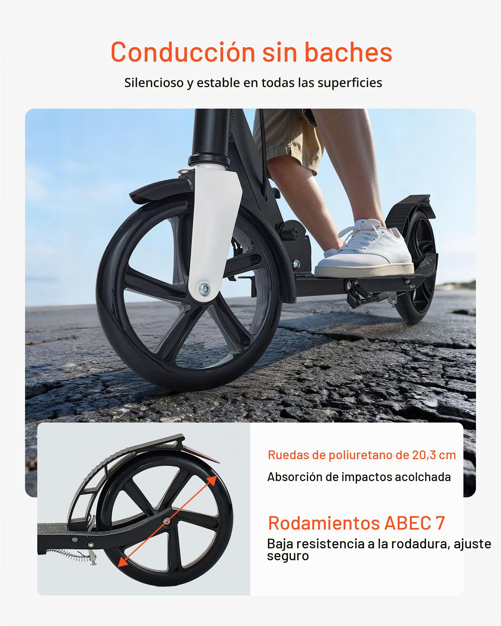 VEVOR Patinete a Niños a Partir de 8 Años, 2 Ruedas, con Manillar Regulable en Altura y Base Antideslizante, Freno Mano, Marco de Aleación Aluminio, hasta 100 kg, Negro Plata, 900 x 380 x 1000 mm