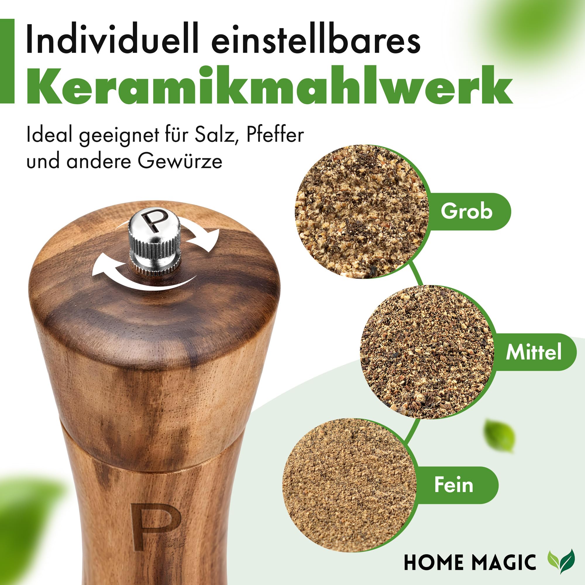 Pfeffermühle Holz – Premium Salz und Pfeffermühle 2er Set aus Akazienholz mit Untersetzer | Hochwertiges Keramikmahlwerk