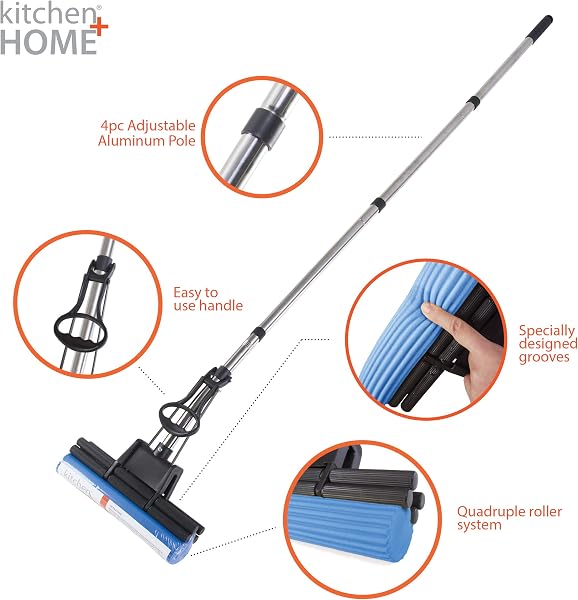 Kitchen + Home PVA Sponge Mop - Super Absorbent 11" Quadruple Roller PVA Foam Sponge Mop All Purpose Floor Cleaner - New & Improved! - 2