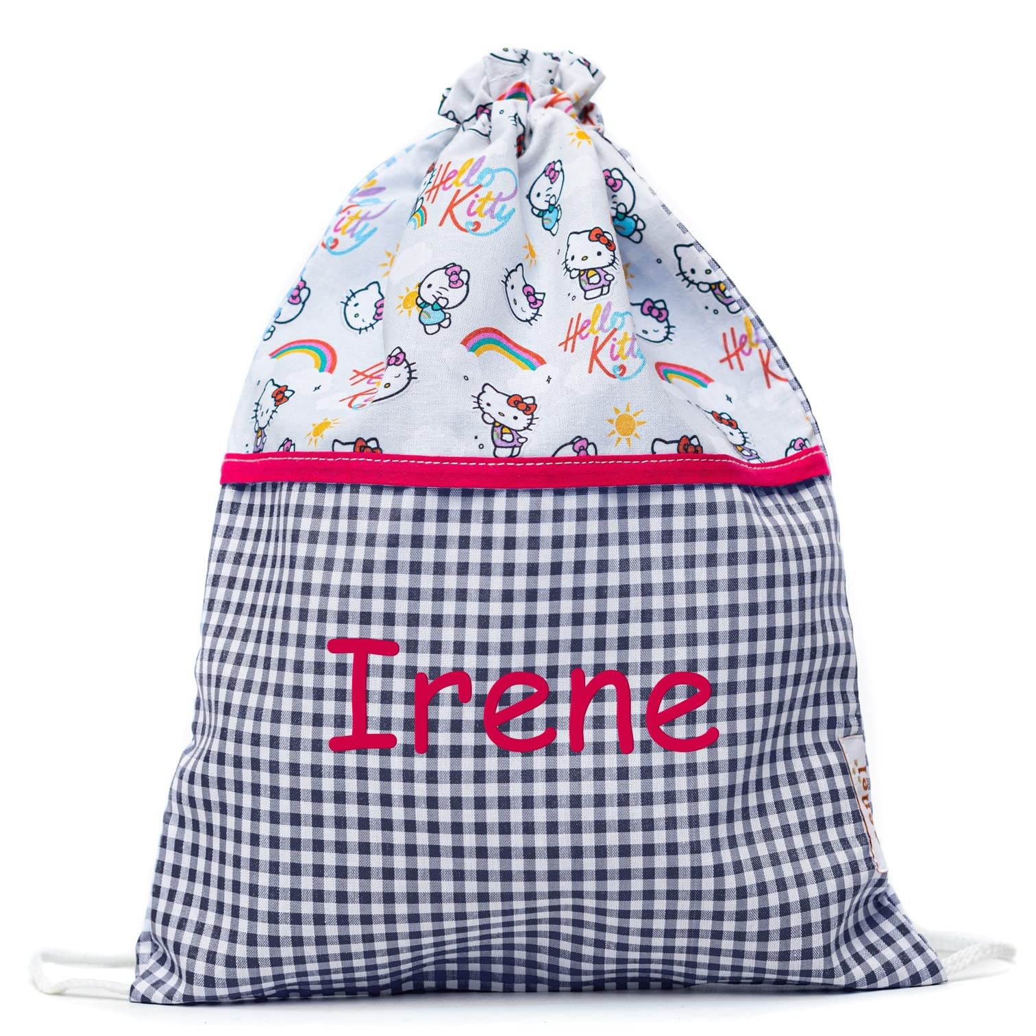 Nenel Conjunto Escolar para Colegio o guardería: Mandilón, babi o Bata Escolar + Bolsa merienda Bordado con el Nombre. Modelo Hello Kitty