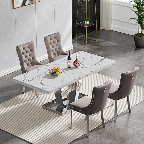 Miniatura 71 de Juego de mesa de comedor de mármol sintético, 7 piezas, juego de mesa de cocina y comedor para 6, mesa de comedor rectangular blanca de 70 pulgadas