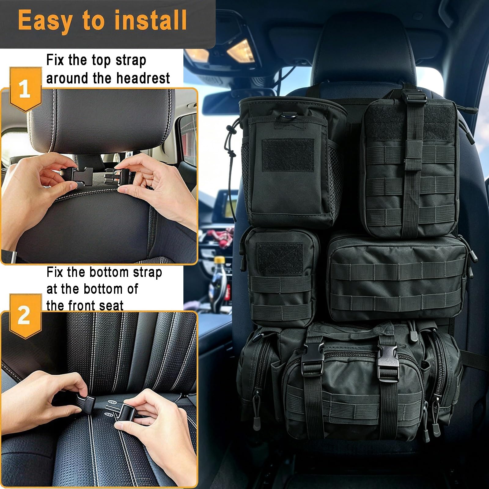 6-in-1 Tasca Tattica per Sedile Posteriore, Multifunzione per Auto | Pannello MOLLE Auto, 5 Tasche Rimovibili, Grande Organizzatore Posteriore per Tutti - Tieni in Ordine.(Black)