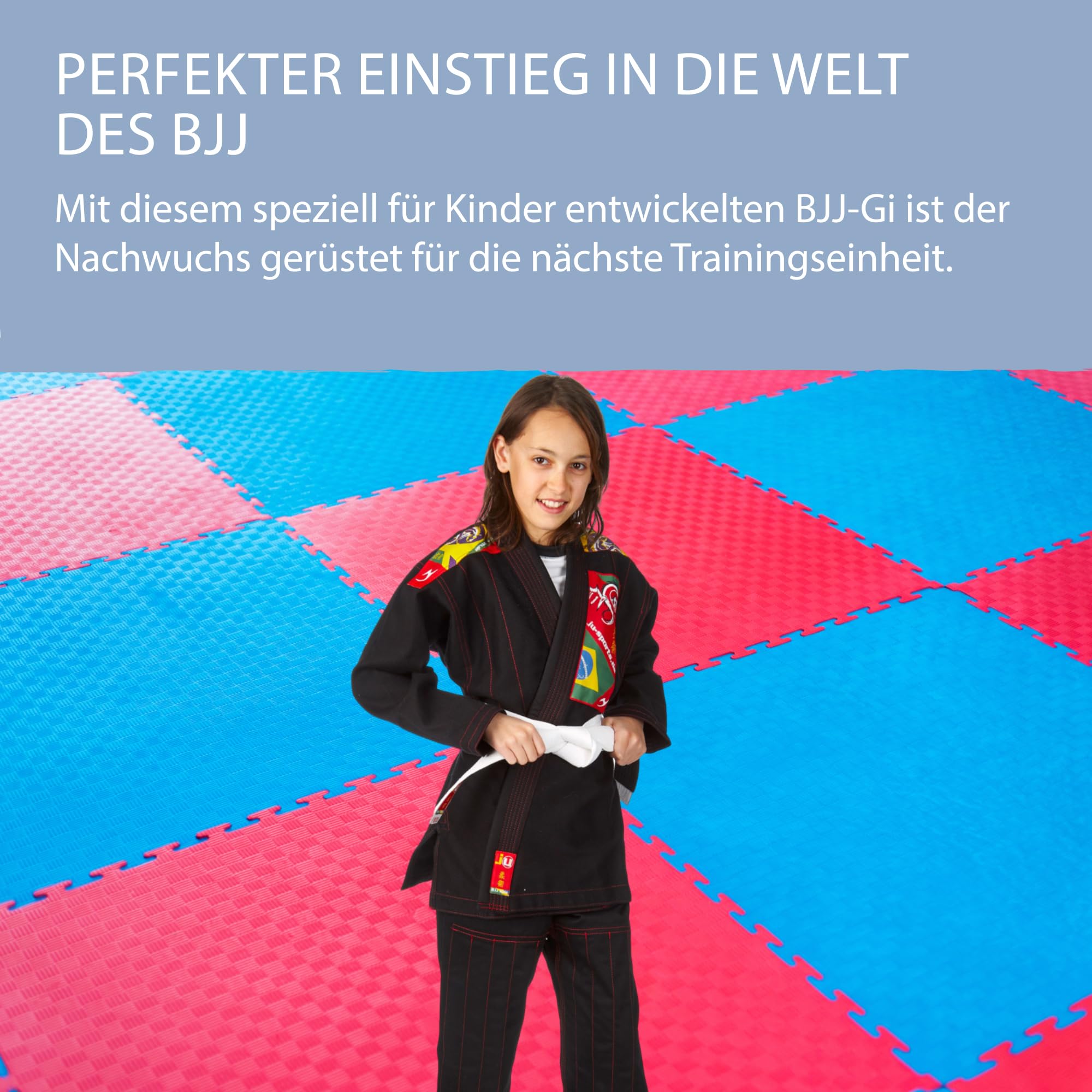 Ju-Sports BJJ Gi Kids schwarz - Leichter, schlanker Brazilian Jujutsu Anzug speziell für Kinder, BJJ Gi im bunten Design inkl. weißem Gurt, 100% Baumwolle