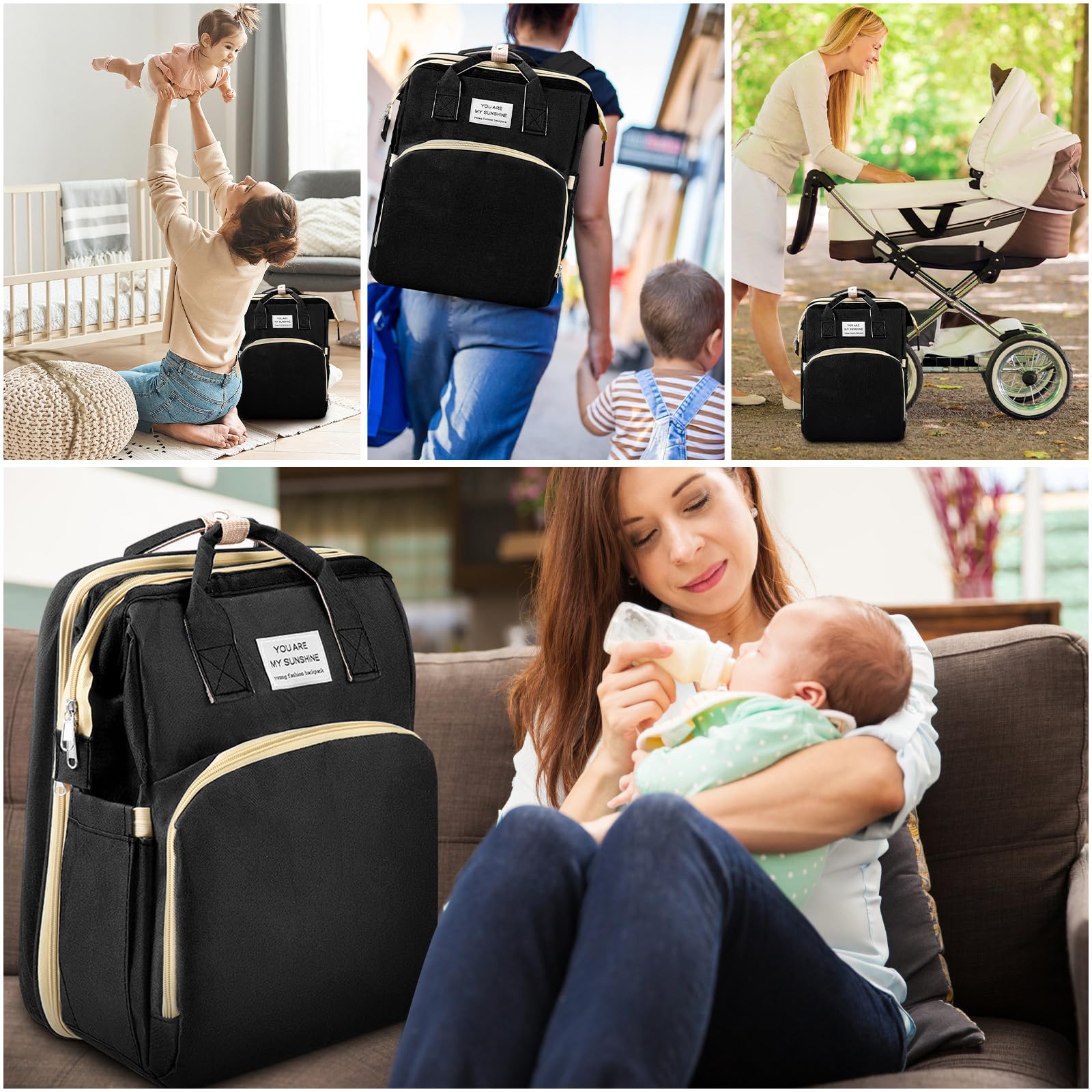 Sac a Langer a Dos avec Sacs à Langer Lit Grande Capacité, Grande Sac à Couches avec Matelas à Langer,sac à Dos pour lit Bébé,sac de Voyage avec Lit Pliable et Pare-Soleil (noir)