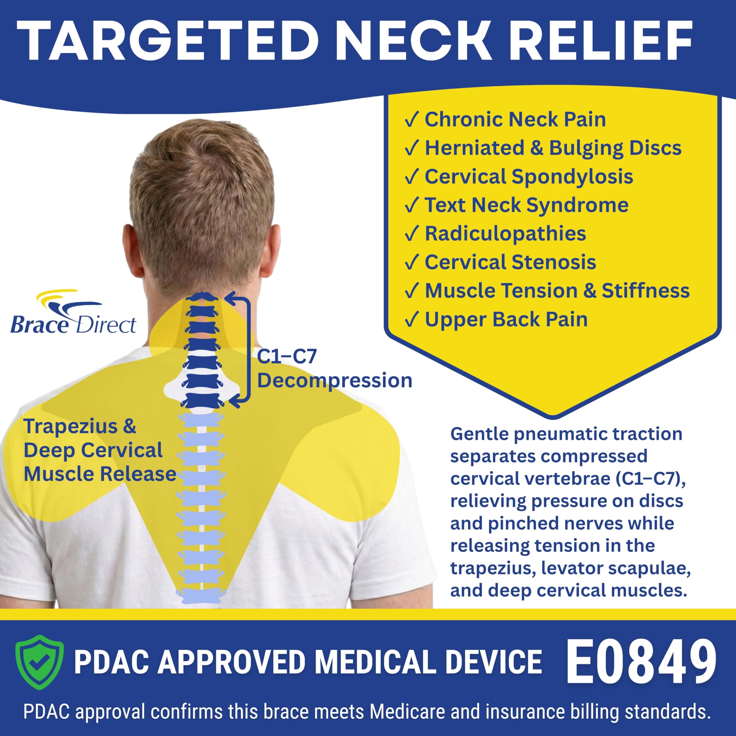 Therahab - Dispositivo de tracción cervical profesional y estirador de cuello E0849 con paquete de gel, sistema de descompresión cervical para el hogar con terapia de frío y calor