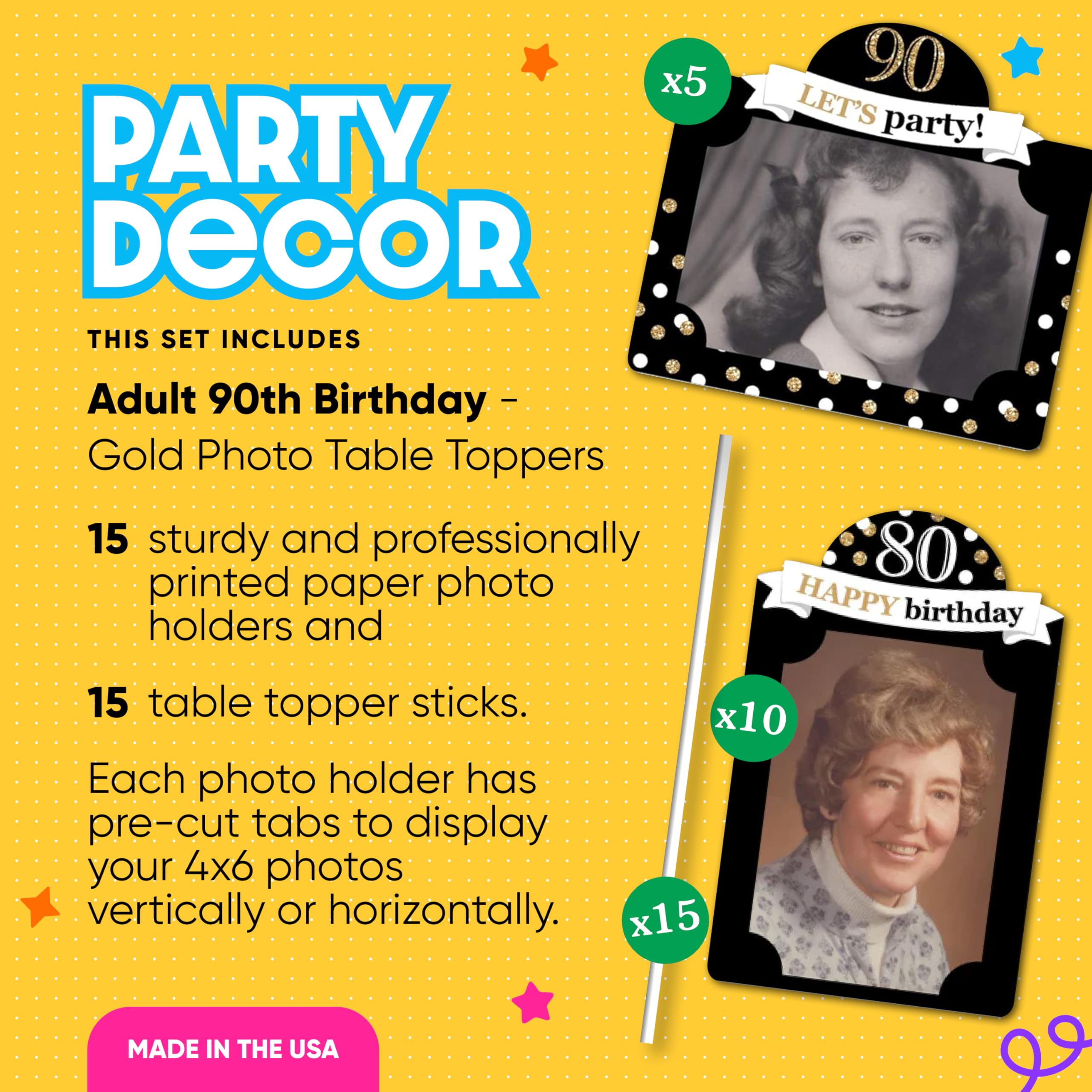 Big Dot of Happiness 90th Birthday Photo Centerpiece Kit - Gold Party Decoration Display Set, 15 Double-Sided Photo Table Toppers with Sticks, Custom 4x6 Photo Holders - 90 Years