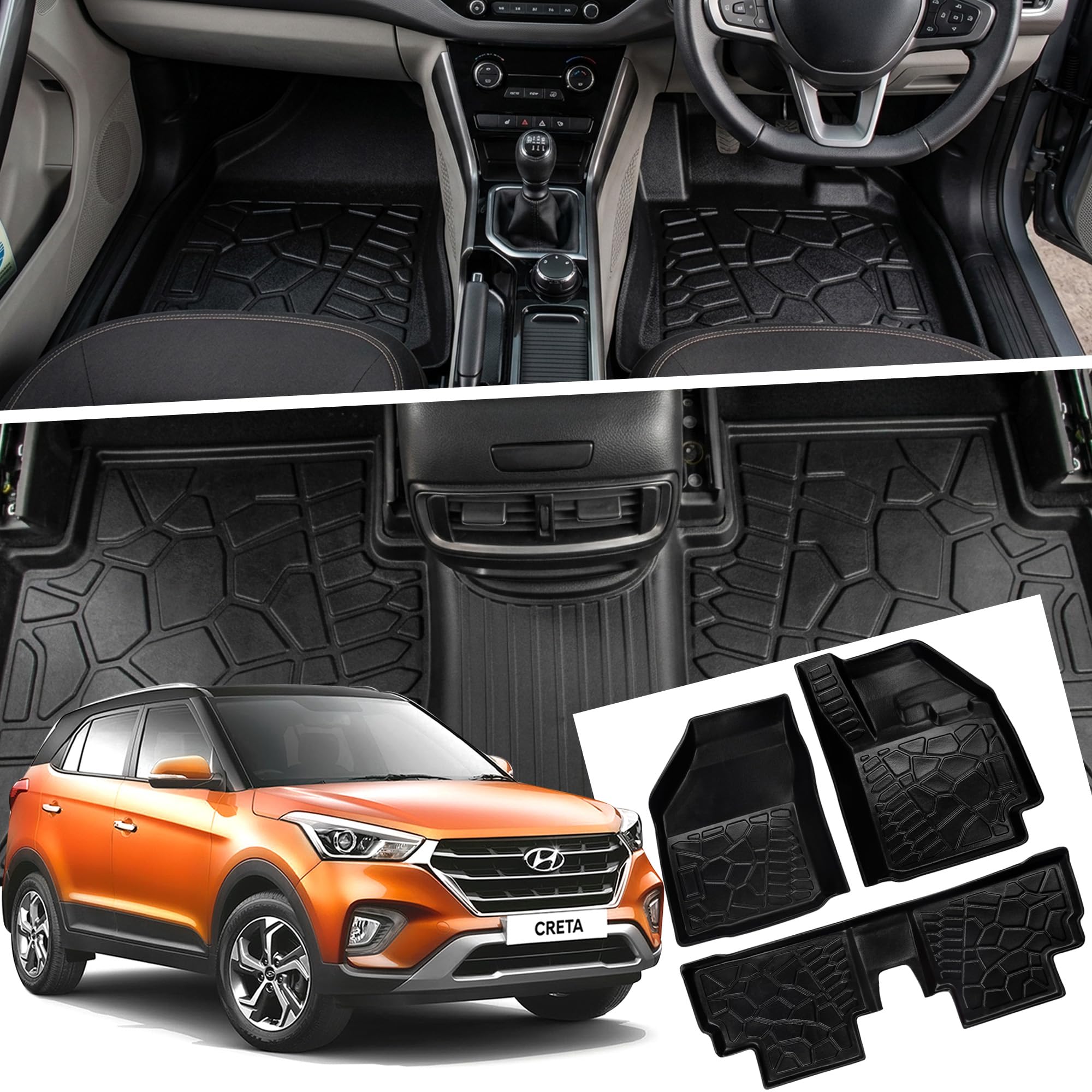 Autofact Car Floor Mats for Creta 2014-2019 (Manual & Automatic) | Waterproof Heavy-Duty Car Foot Mats | Anti-Skid, Dustproof, Easy Clean 7D TPE Custom Fit All Weather Floor Mat Set of 4 Black-image-16
