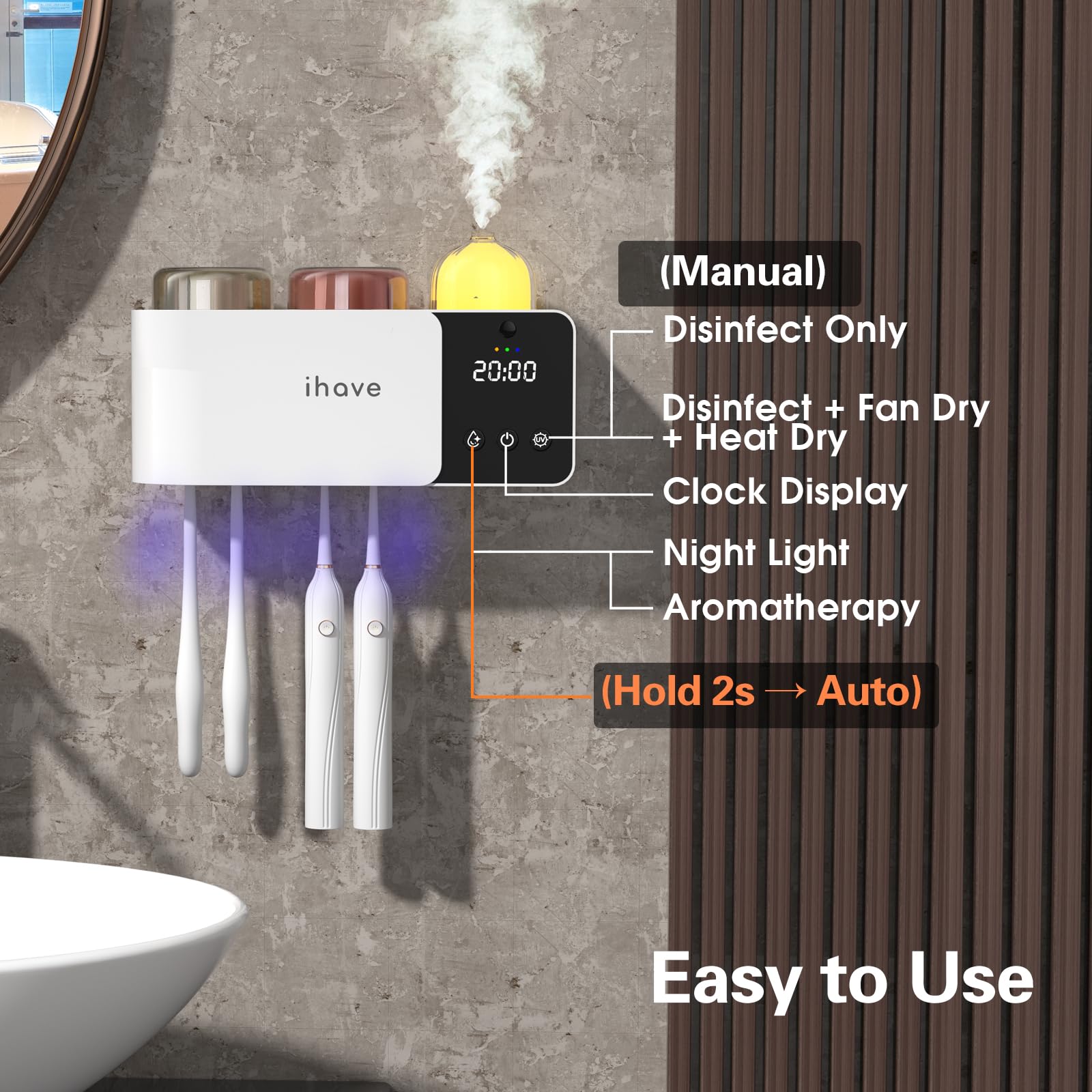 iHave Soporte para cepillo de dientes montado en la pared con desinfectante para cepillos de dientes y difusor de aromaterapia, desinfección de ciclo automático, secado con ventilador calentado