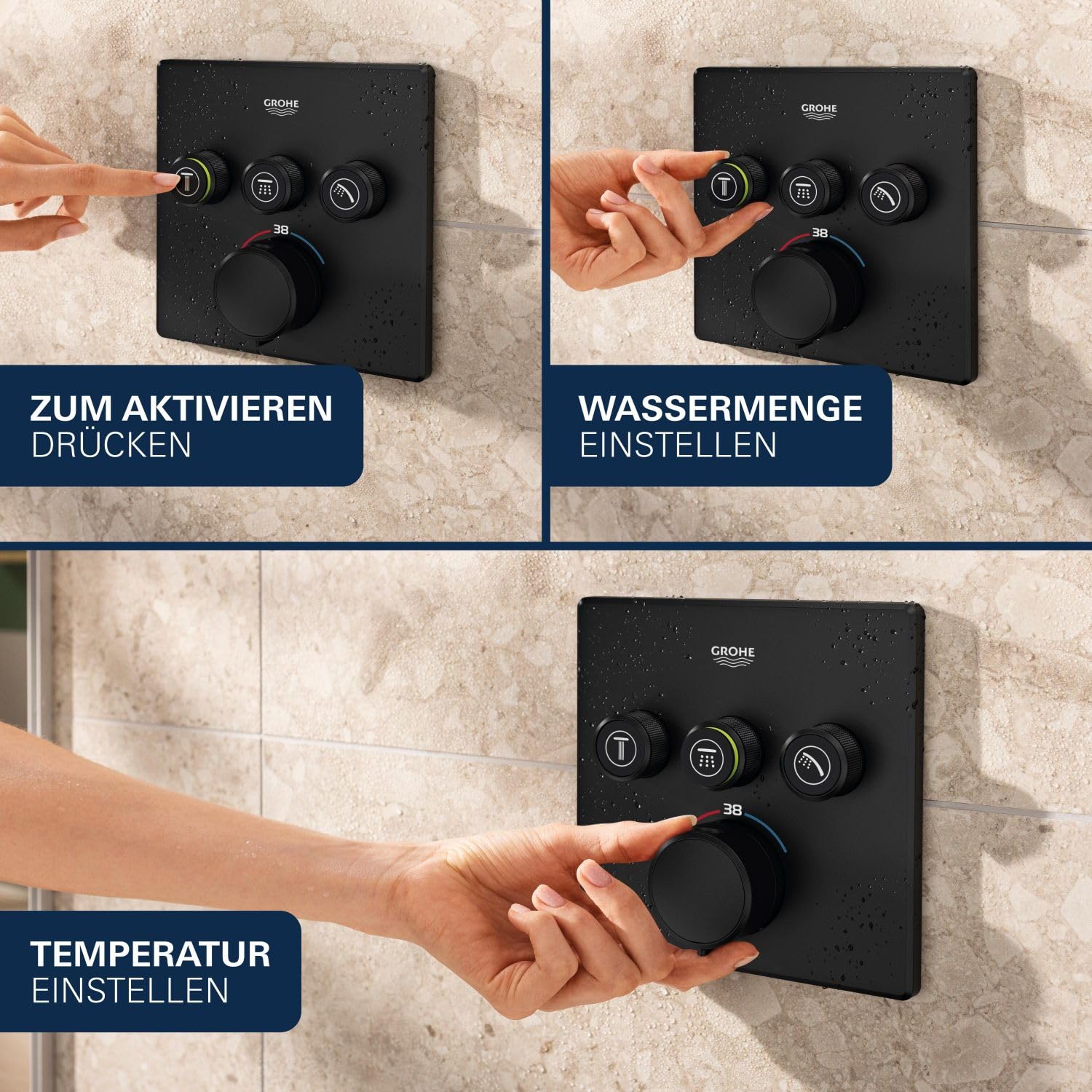 GROHE Grohtherm Smartcontrol, Duscharmatur Thermostat Unterputz (3 Absperrventile, ultraflaches Design, Wandrosette aus Metall, Fertigmontageset, ohne Rohbau-Set SmartBox) mattschwarz, 291262430
