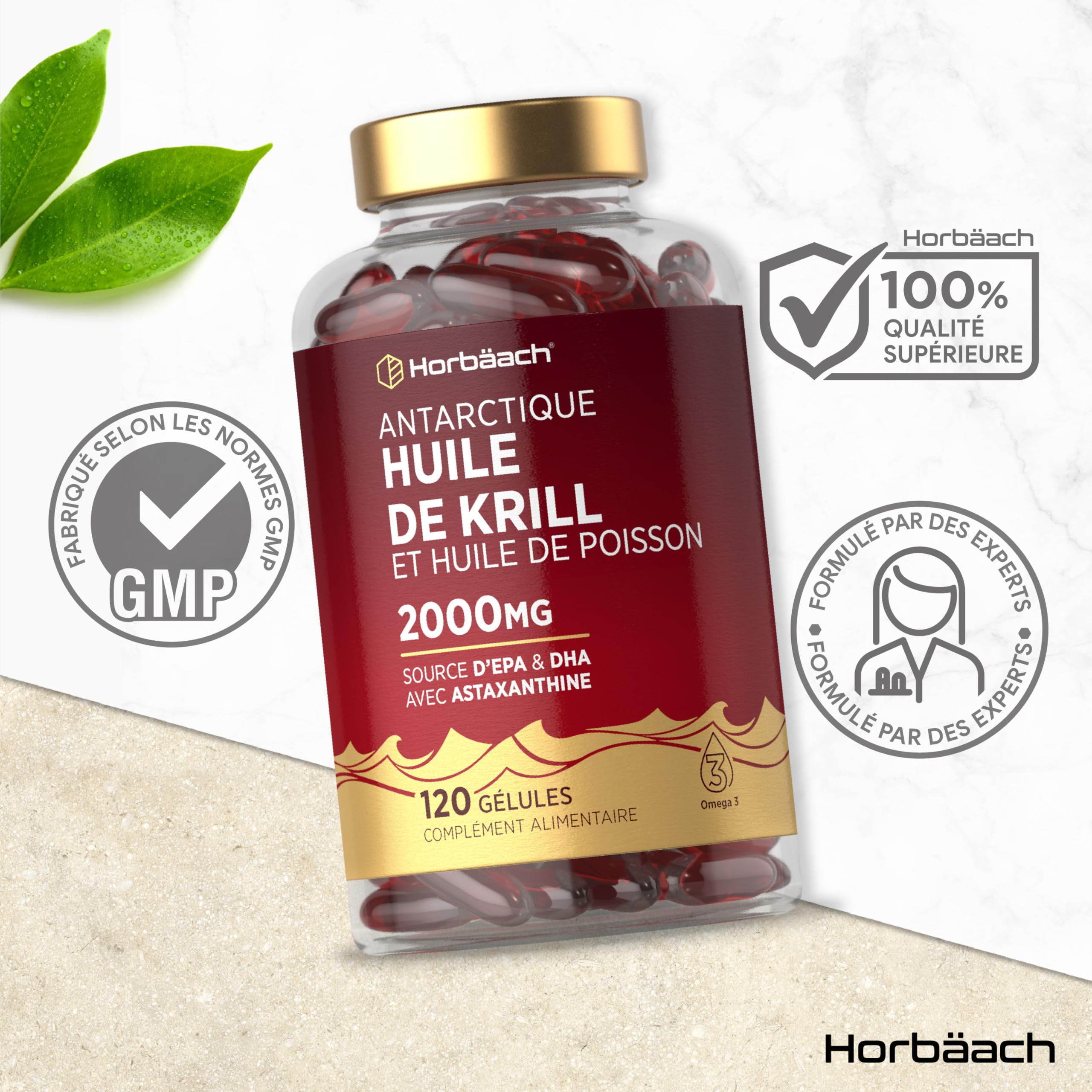 Huile de Krill 2000mg avec Astaxanthine et Phospholipides | 120 Gélules | Acides Gras Oméga 3 avec EPA et DHA | Complément Alimentaire Huile de Poisson | Antarctic Krill Oil Supplement | Horbaach