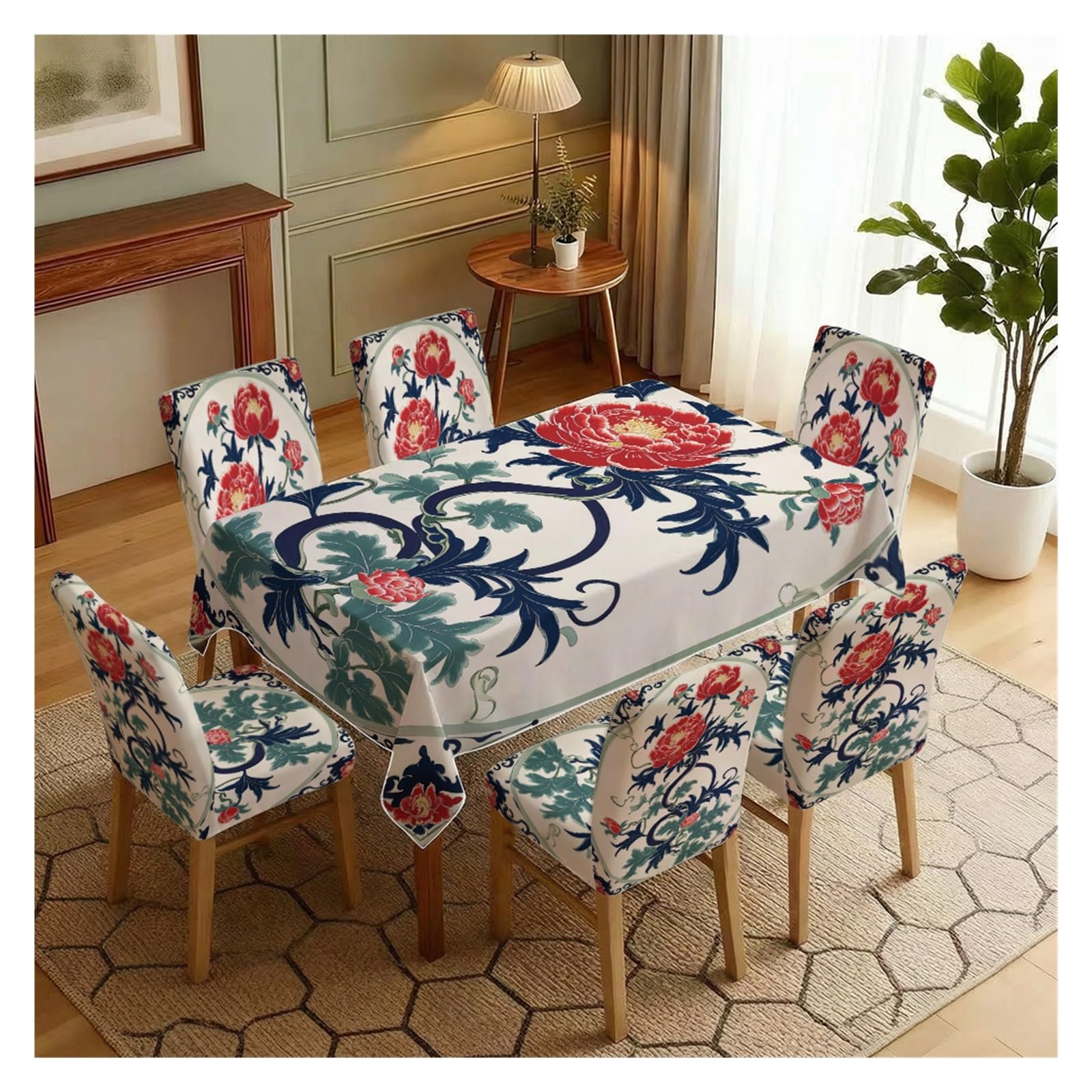 KXUAUV Chinese Style Red Peony Floral Print Dining Tablecloth & Chair Covers Set, 5/7 Pack Stretch For Meal, Banquet, Dinner, Party, Home Decor Party Decor(7pcs Set: Tablecloth+Chair Covers)