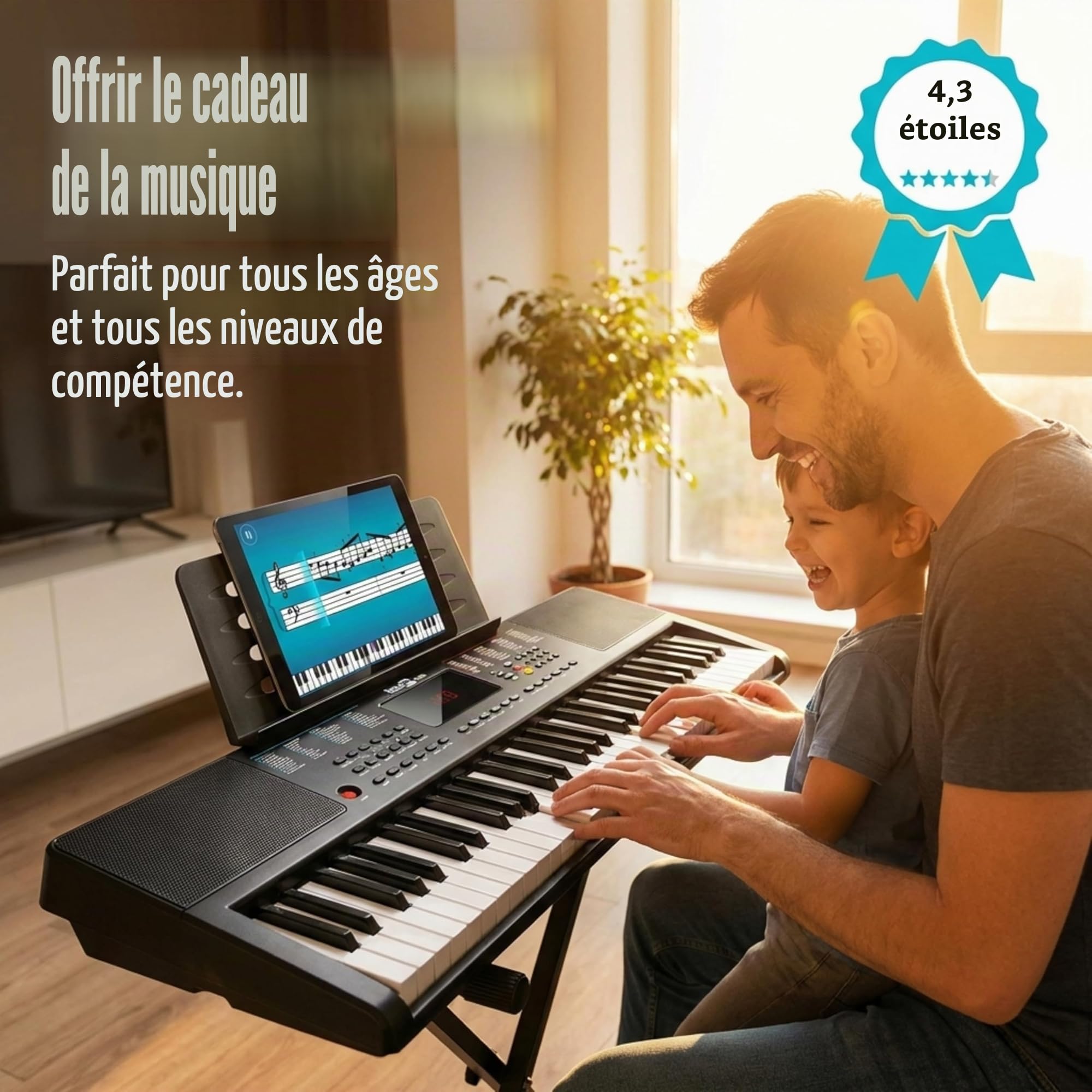 RockJam Clavier musical compact 61 touches avec support, alimentation et application Simply Piano