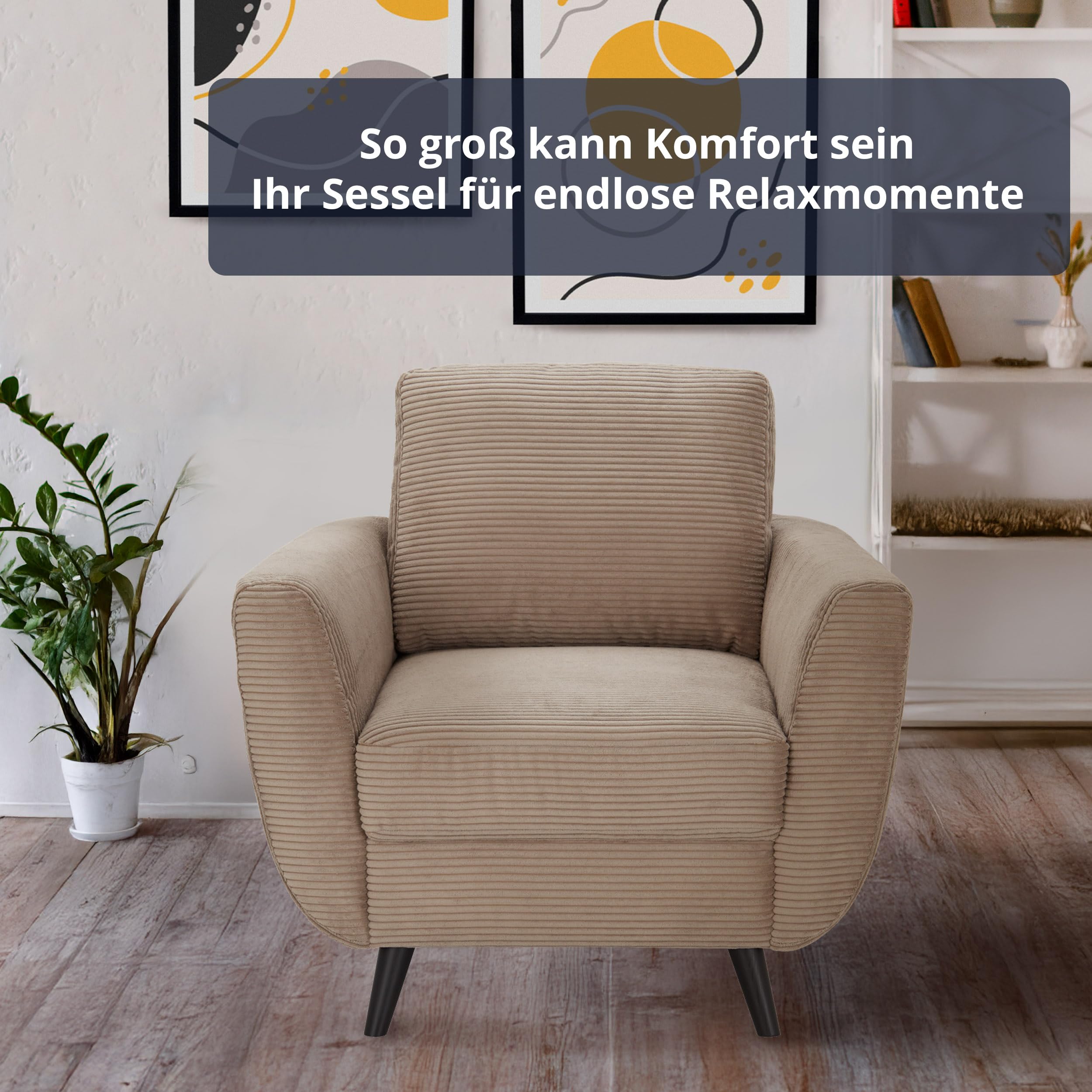 smart Sessel Wanja, Cordstoff Schlamm, 94x90x90cm - Skandi-Design, inkl. Rückenkissen, Polyätherschaum & Wellenunterfederung, Massivholzfüße, frei stellbar