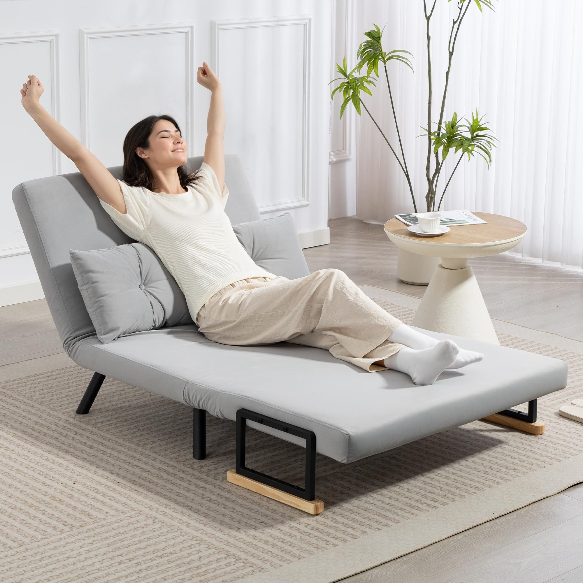 HOMCOM Sofá Cama de 2 Plazas 4 en 1, Sofá Cama Plegable Tapizado en Terciopelo con Respaldo Ajustable de 5 Niveles y Almohadas Acolchadas, para Oficina, Dormitorio, Salón, 102x73x81 cm, Gris Claro