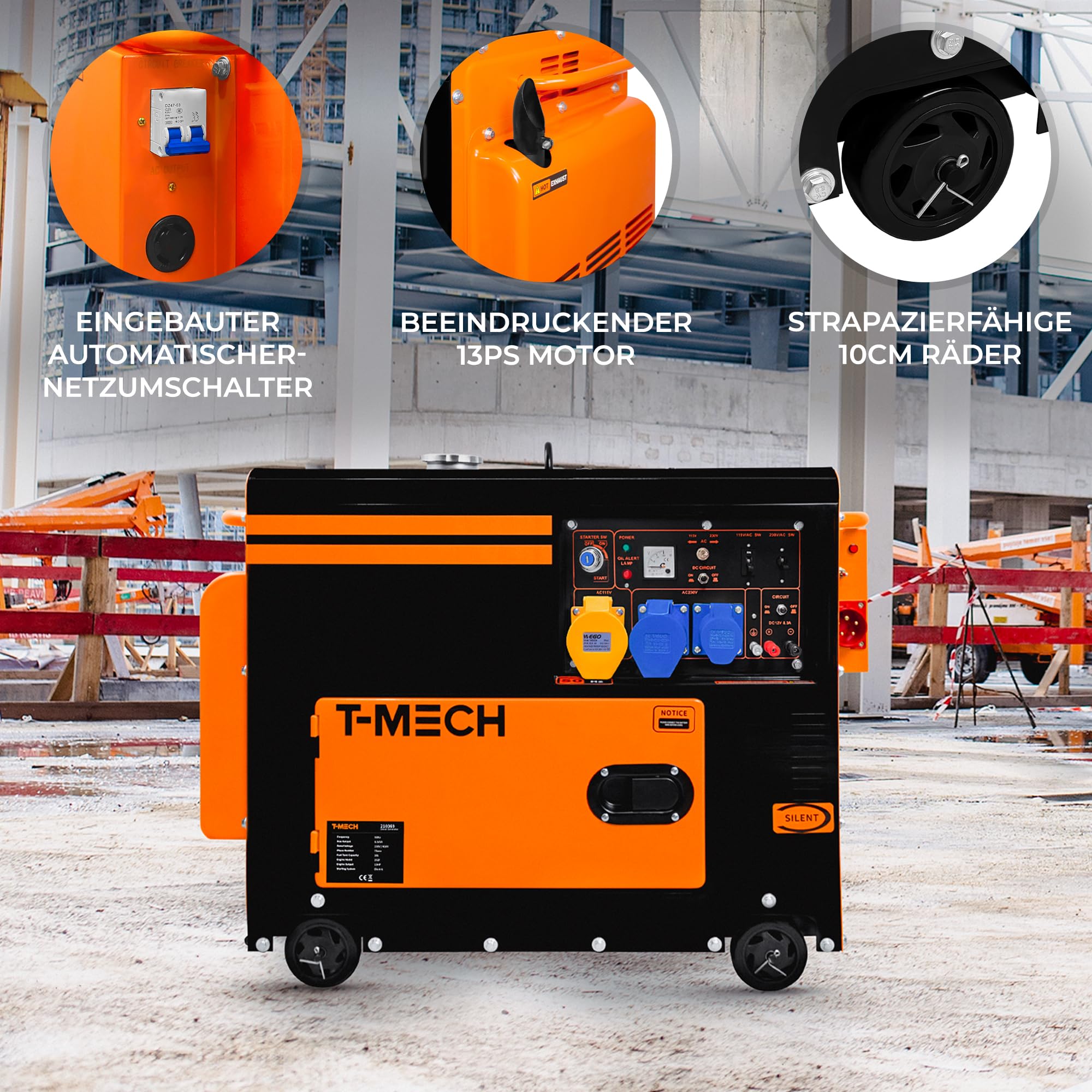 ATS 230V 230V jednofazowy cichy generator diesla 6 kVA 6500 W 13HP 115 V/230 V elektryczny rozruch zamknięta rama moc awaryjna 4 koła stal malowana proszkowo czarna pojemność 20 l zestaw narzędzi i