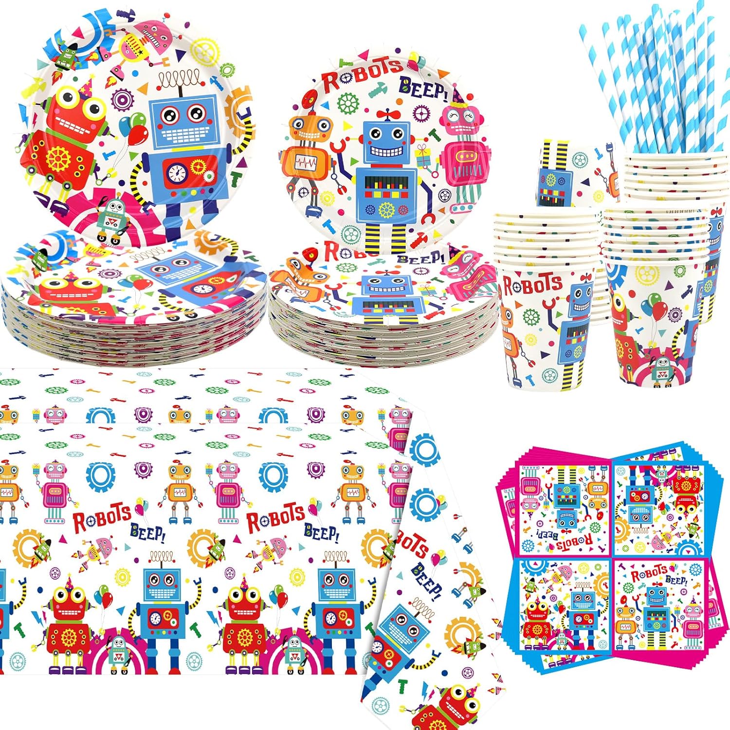 Robot Birthday Party Decoration - Robot Party Supplies Include Plates, Tablecloth, Napkins, Tableware, Robot Party Supplies for Boys Girls Baby Shower, Serves 40